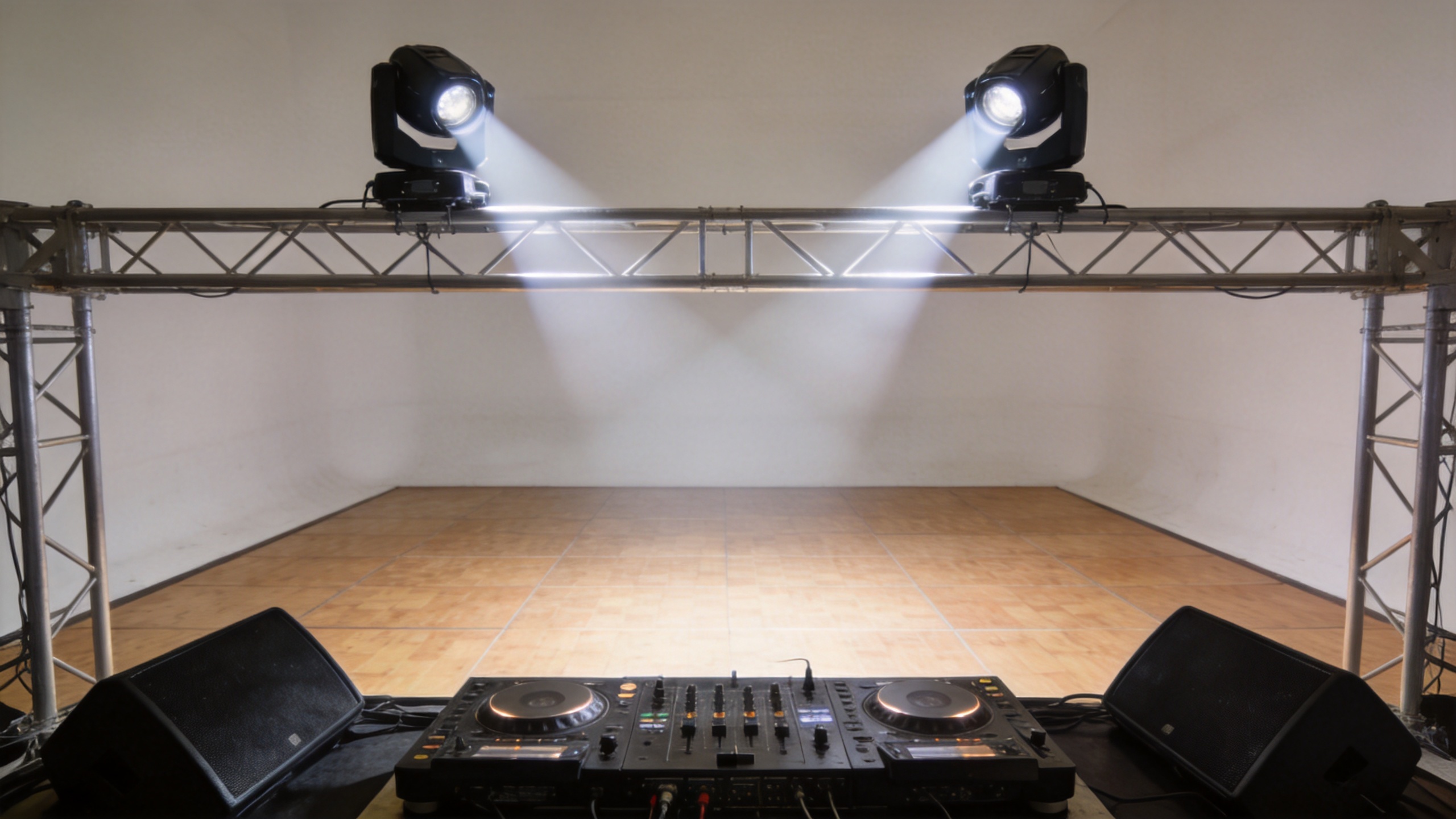 Moving head lights DJ setup with controlled beams across a dance floor