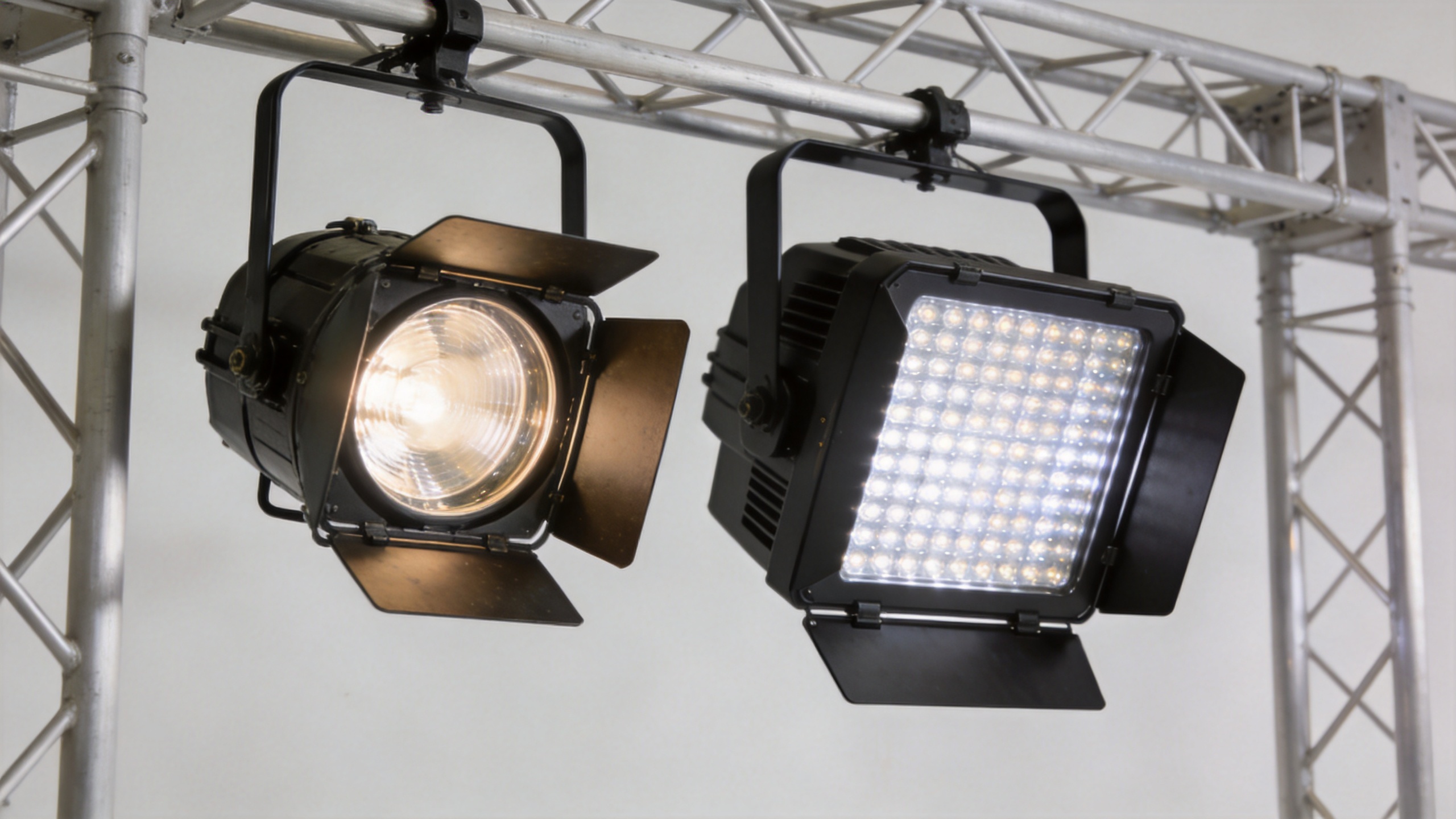 Traditional and LED par can light fixtures on a stage truss