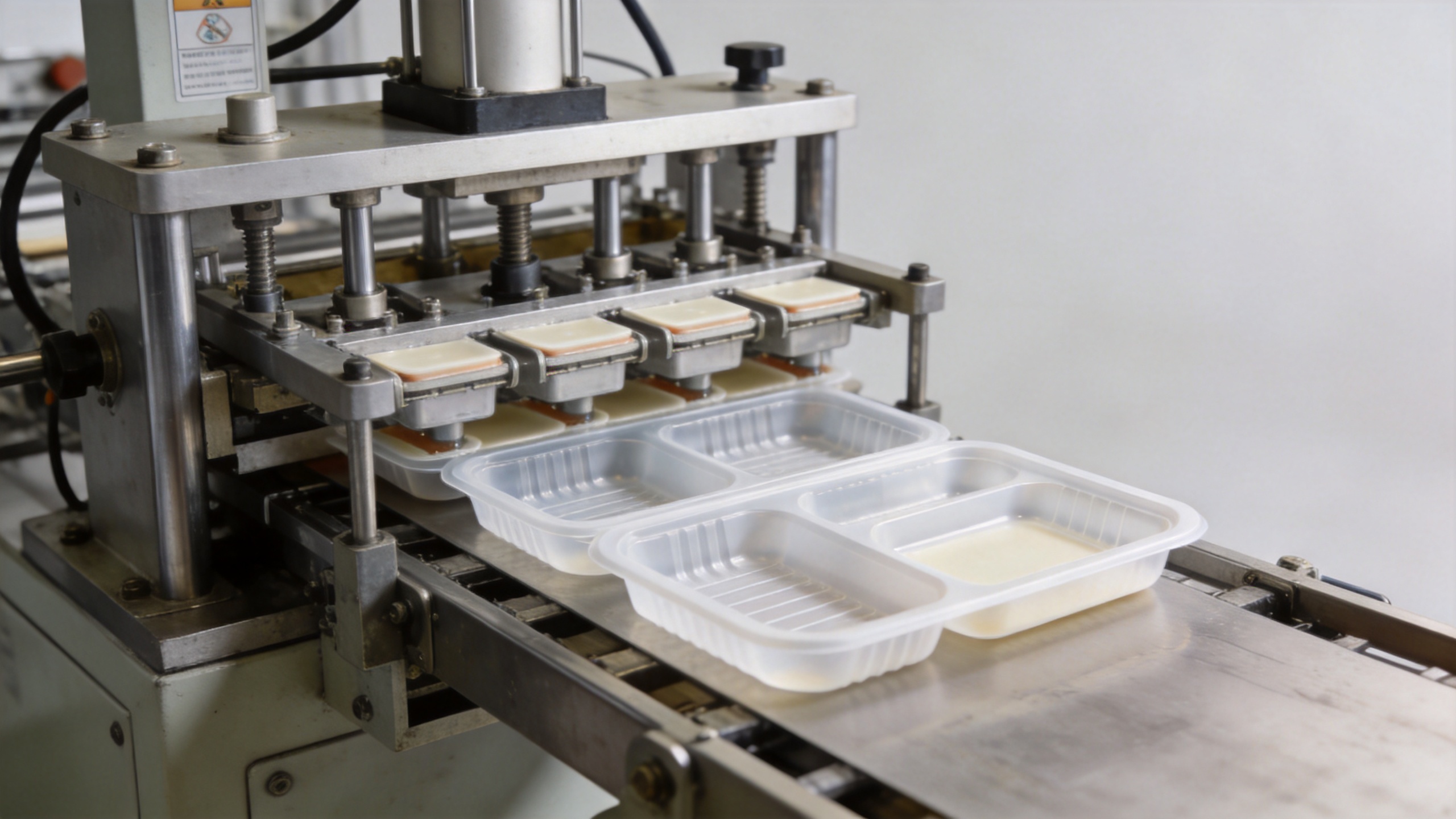 Automatic thermoforming machine producing plastic trays for warm pad assembly with consistent cycle timing