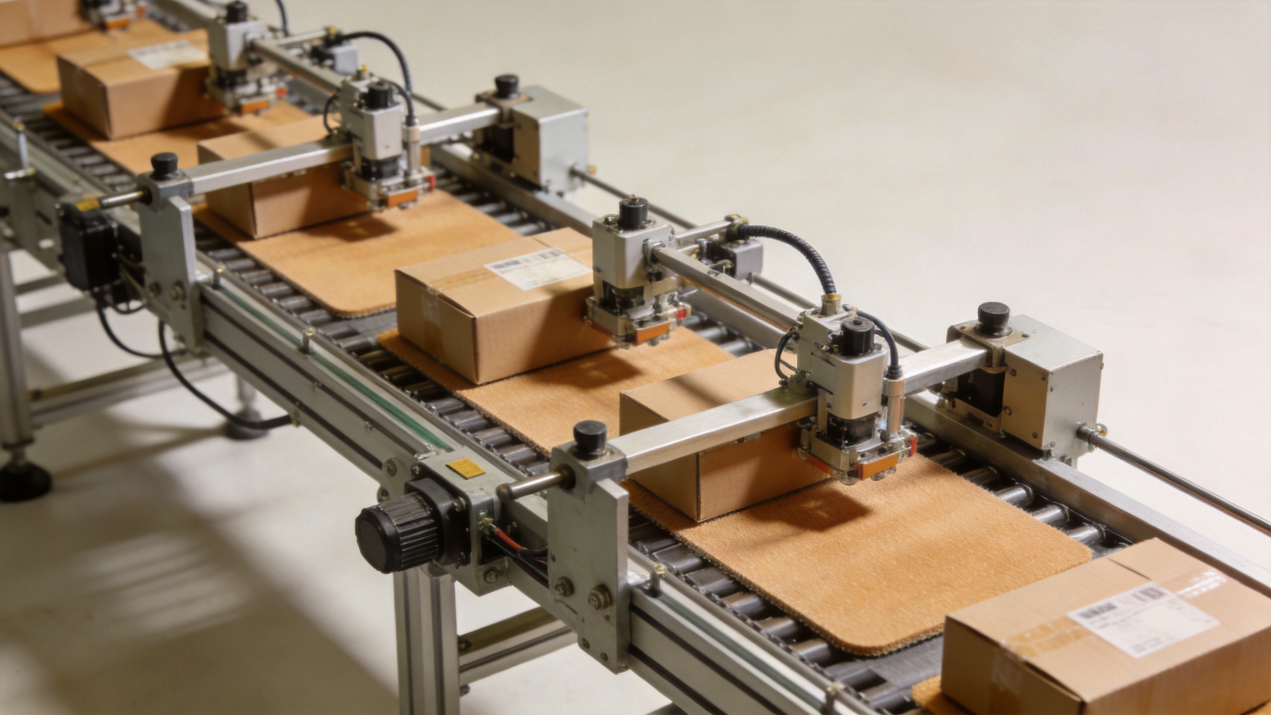 Conveyor belt system on a warm pad assembly line showing synchronized multi-station production flow