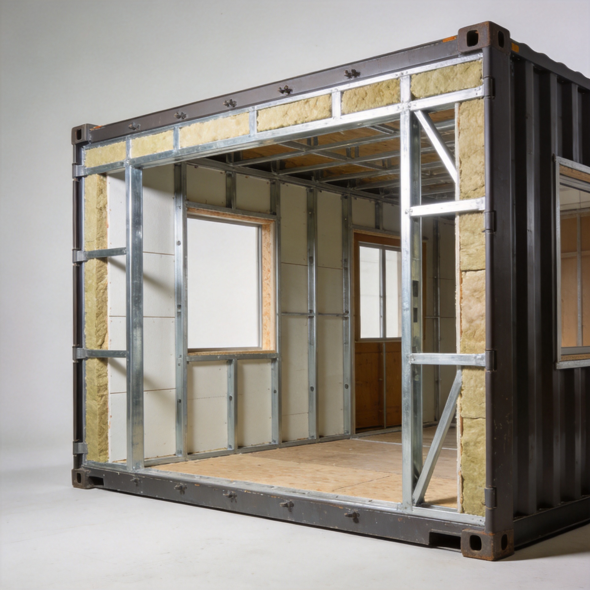 Shipping container home construction showing sandwich panel walls and galvanized steel structural frame