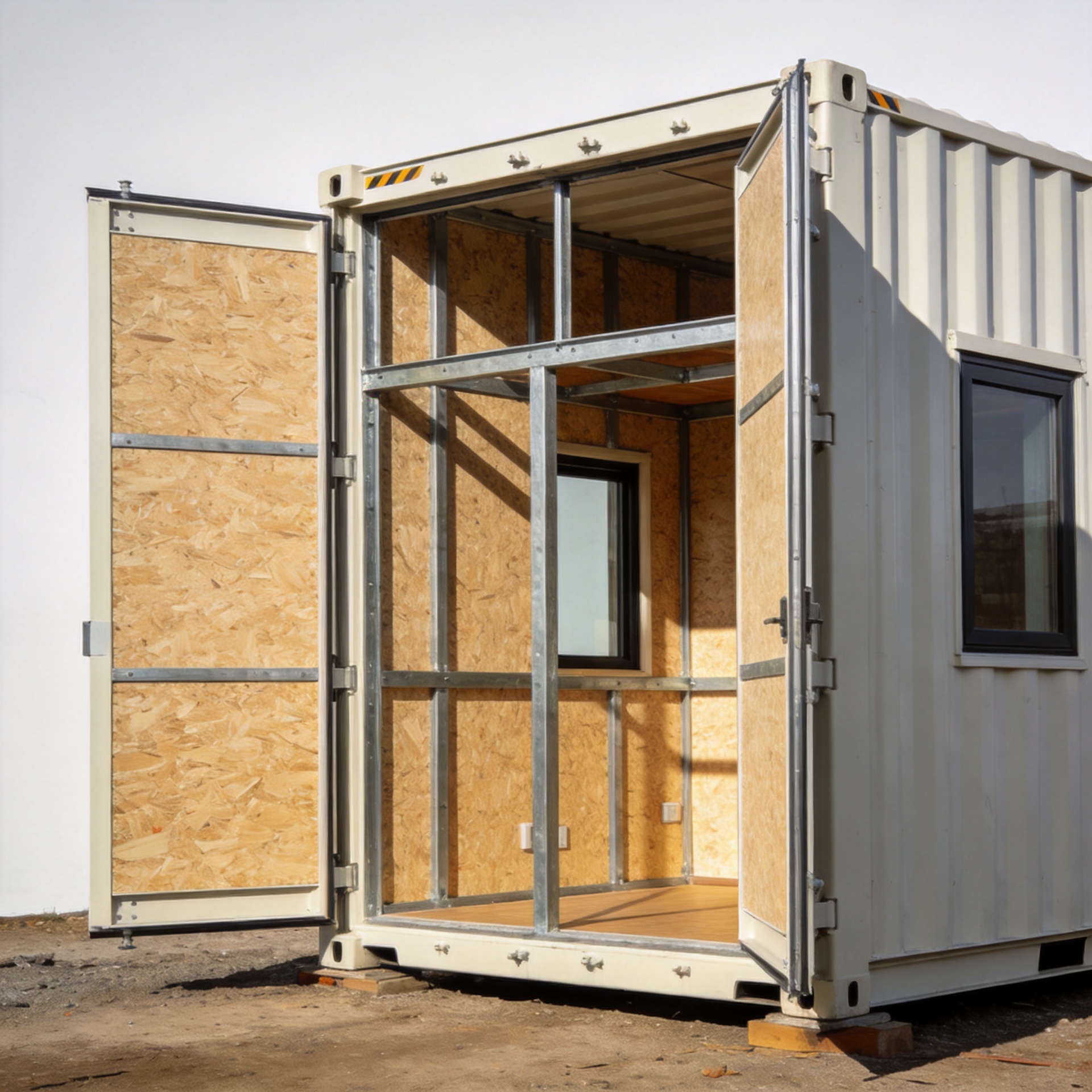 Expandable shipping container home deployed on site with folding side walls extended