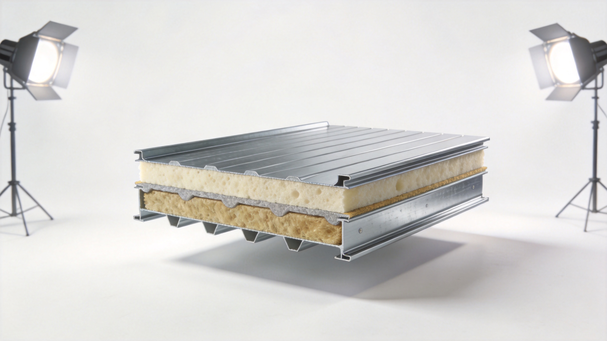 PUF panel roof cross-section showing foam core layers and steel facings for container house insulation