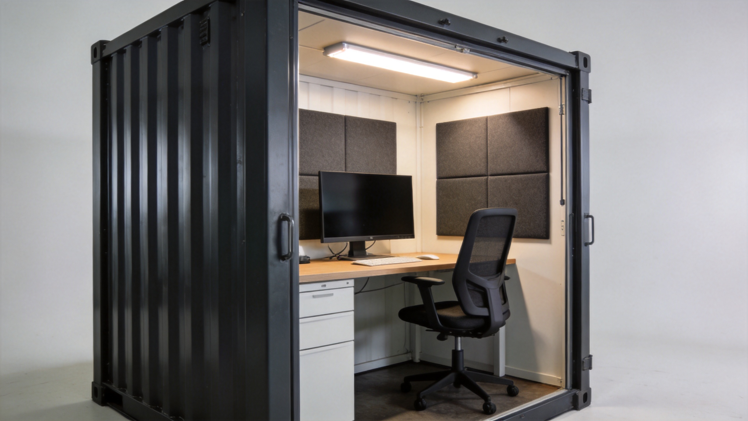 interior workspace setup inside a container garden office pod with desk monitor and acoustic panels