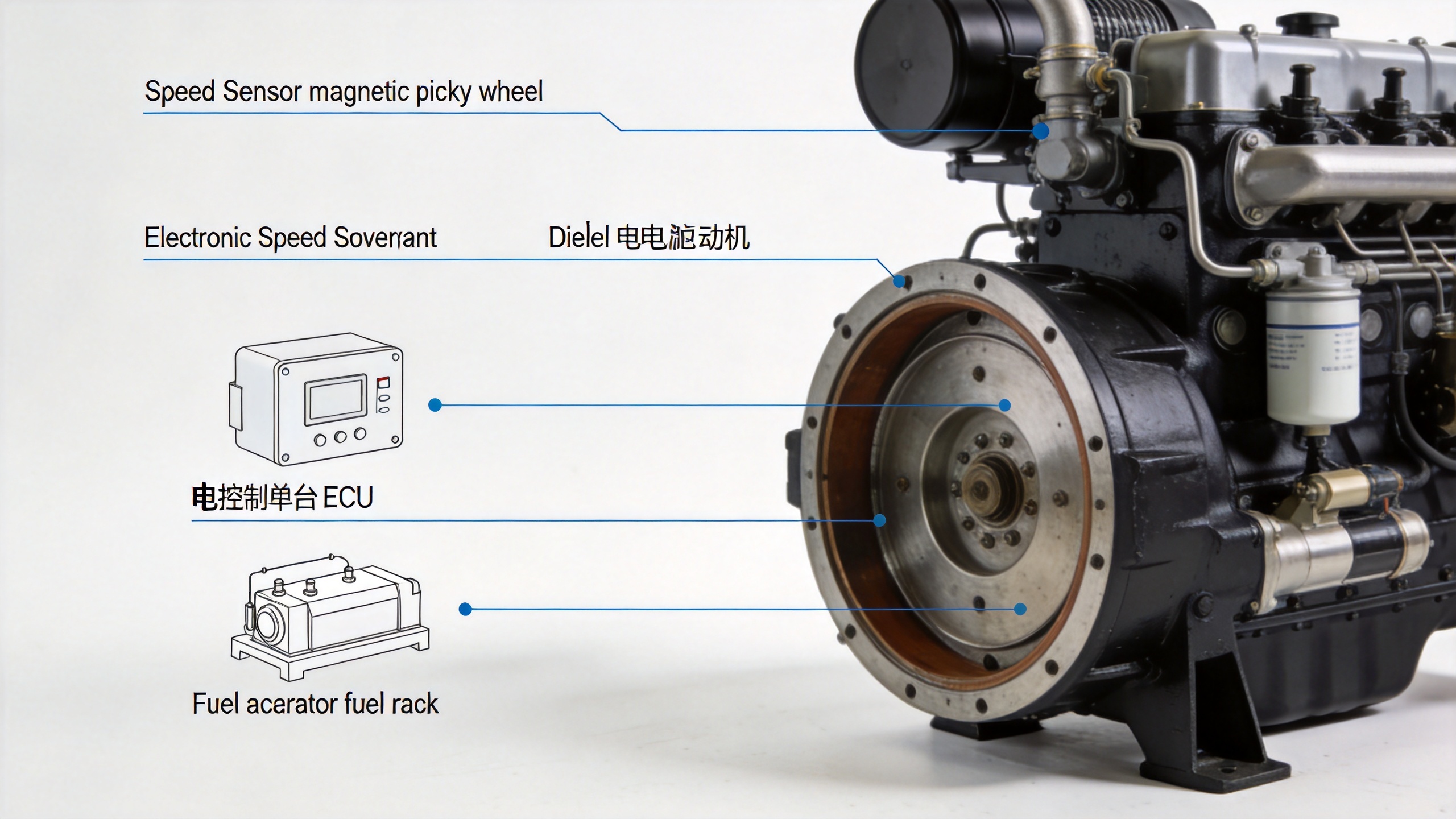 electronic governor speed control system for diesel generator engine showing sensor control unit and actuator