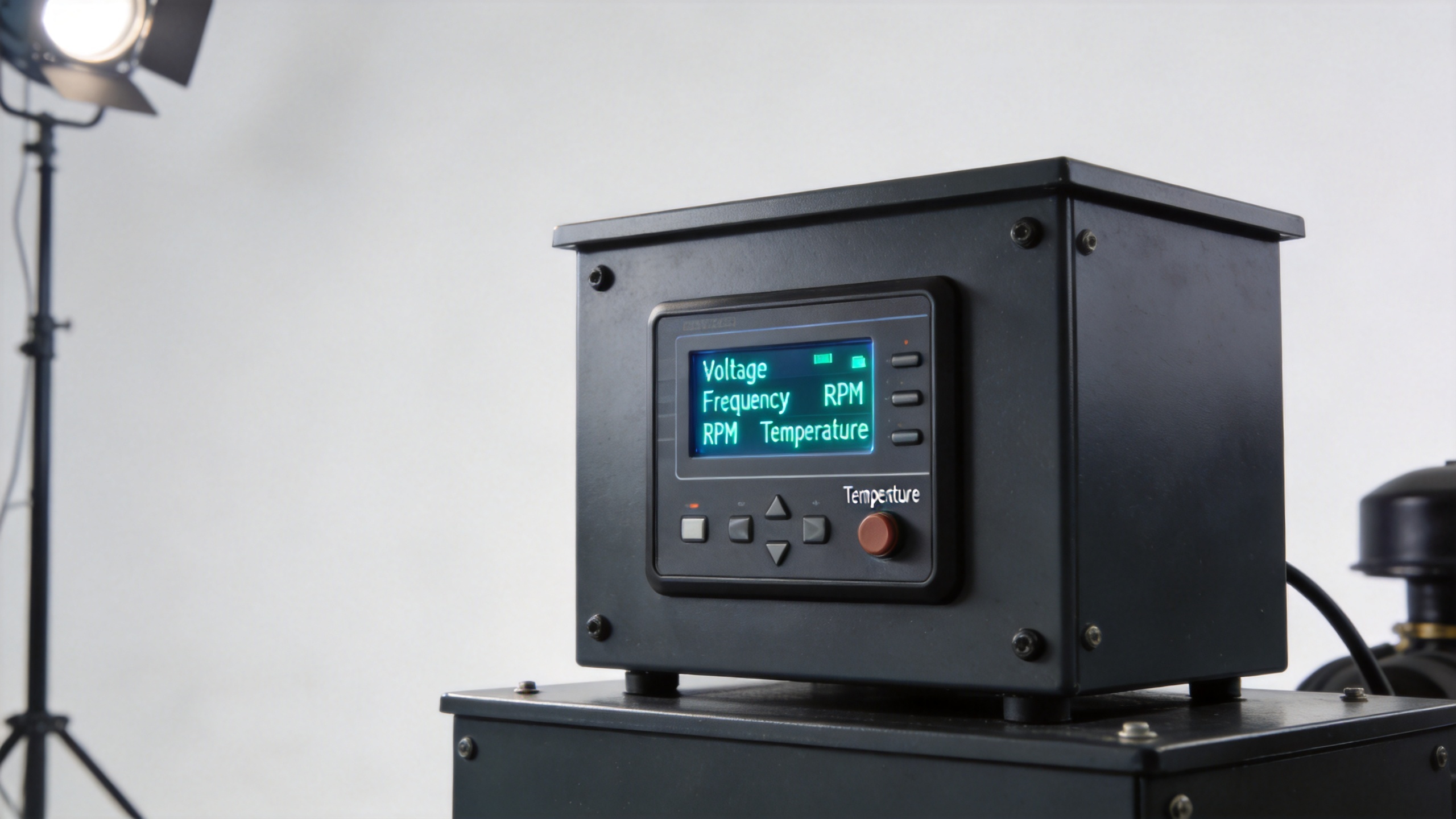 digital smart generator controller LED display showing engine RPM voltage frequency and temperature parameters