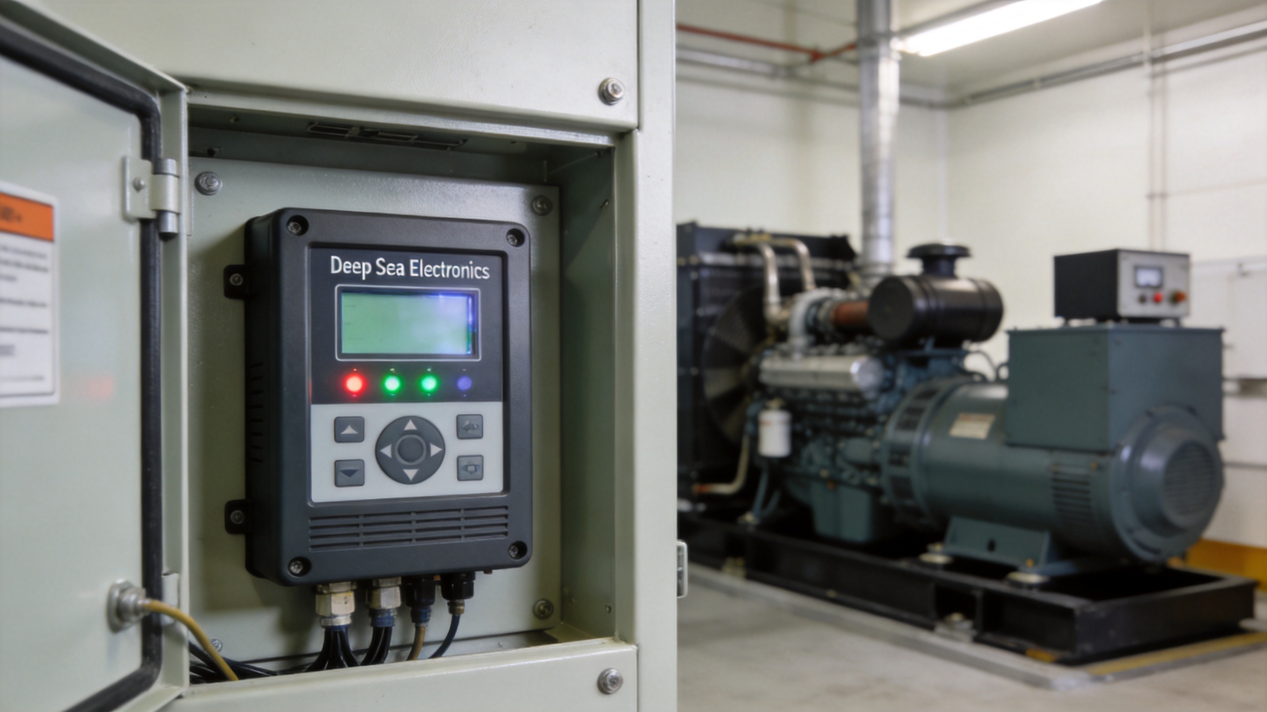 Deep sea engine controller module mounted in a generator control panel with LCD display and status indicators