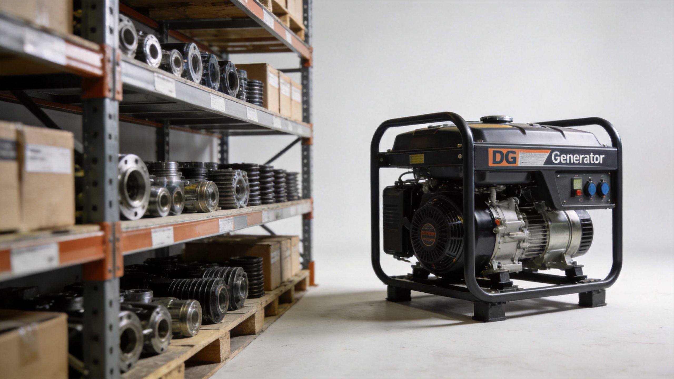 Organized industrial warehouse shelving for diesel generator spare parts inventory management