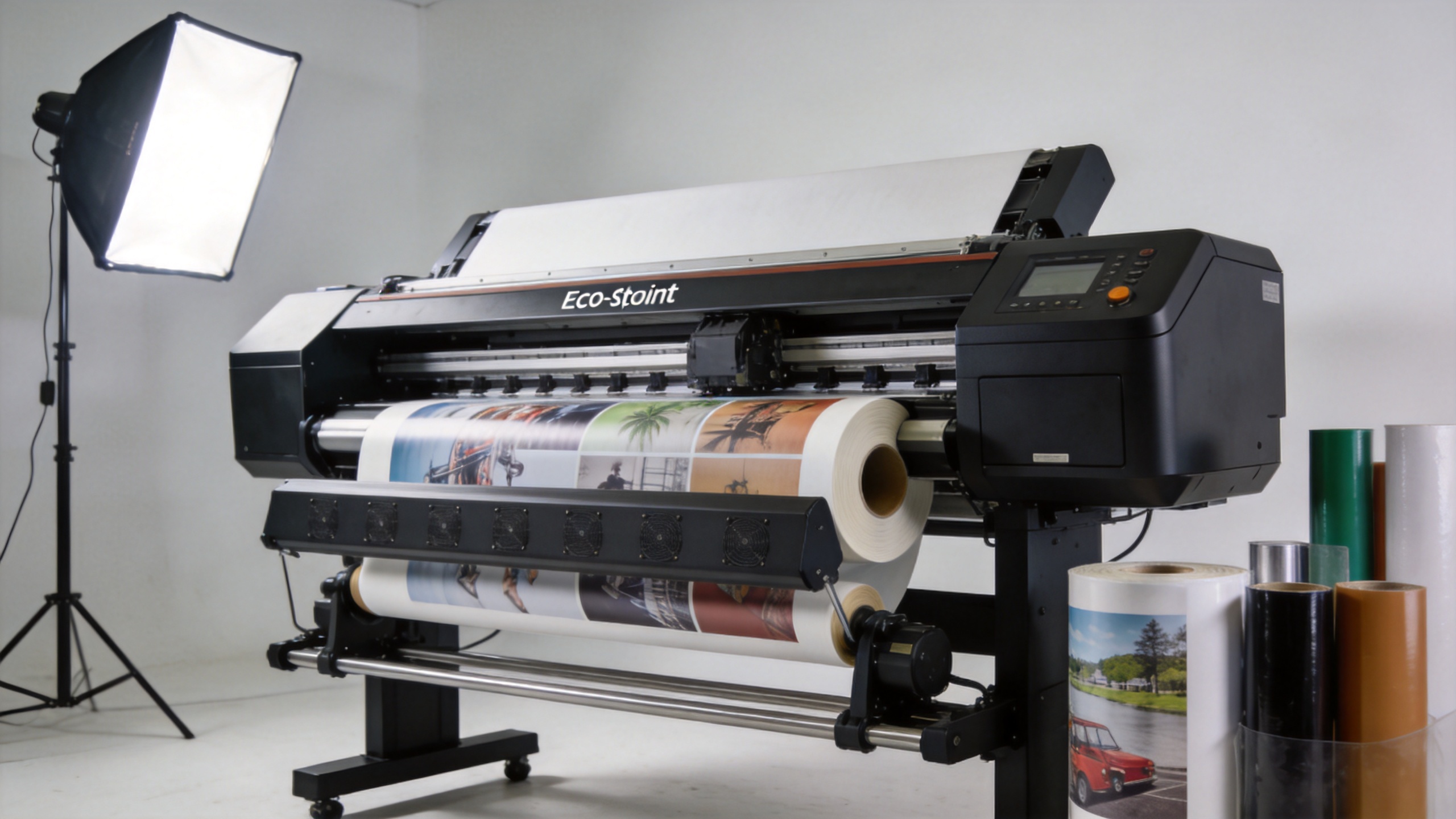 wide format printer producing eco solvent outdoor vinyl rolls in a precision coating production environment