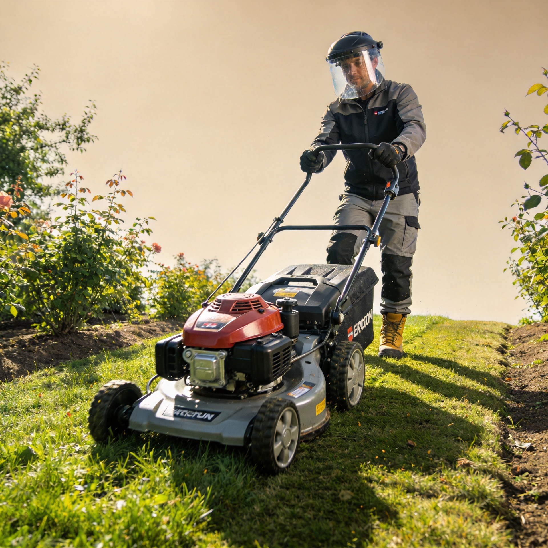 Operator using petrol lawn mower safely across a garden slope with protective gear