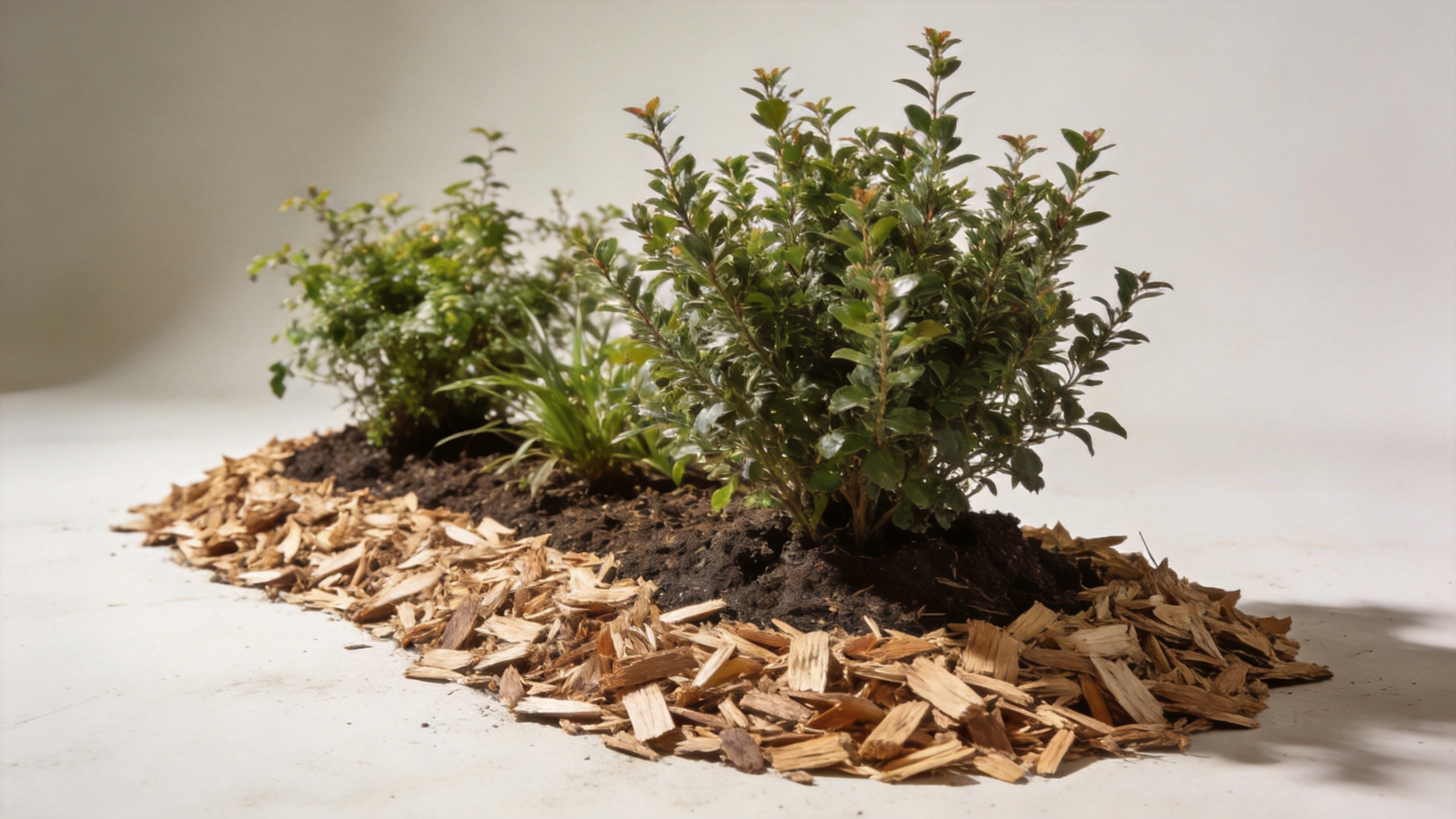 natural wood chip mulch applied around garden plants for moisture retention and plant care