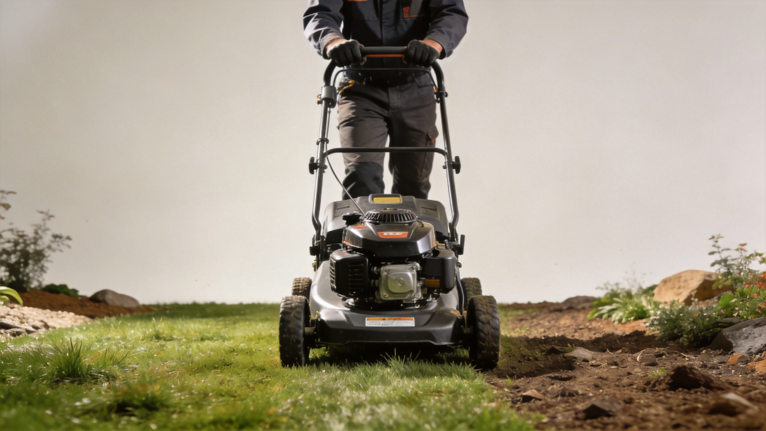 Self-propelled lawn mower in use on a residential garden with varied terrain