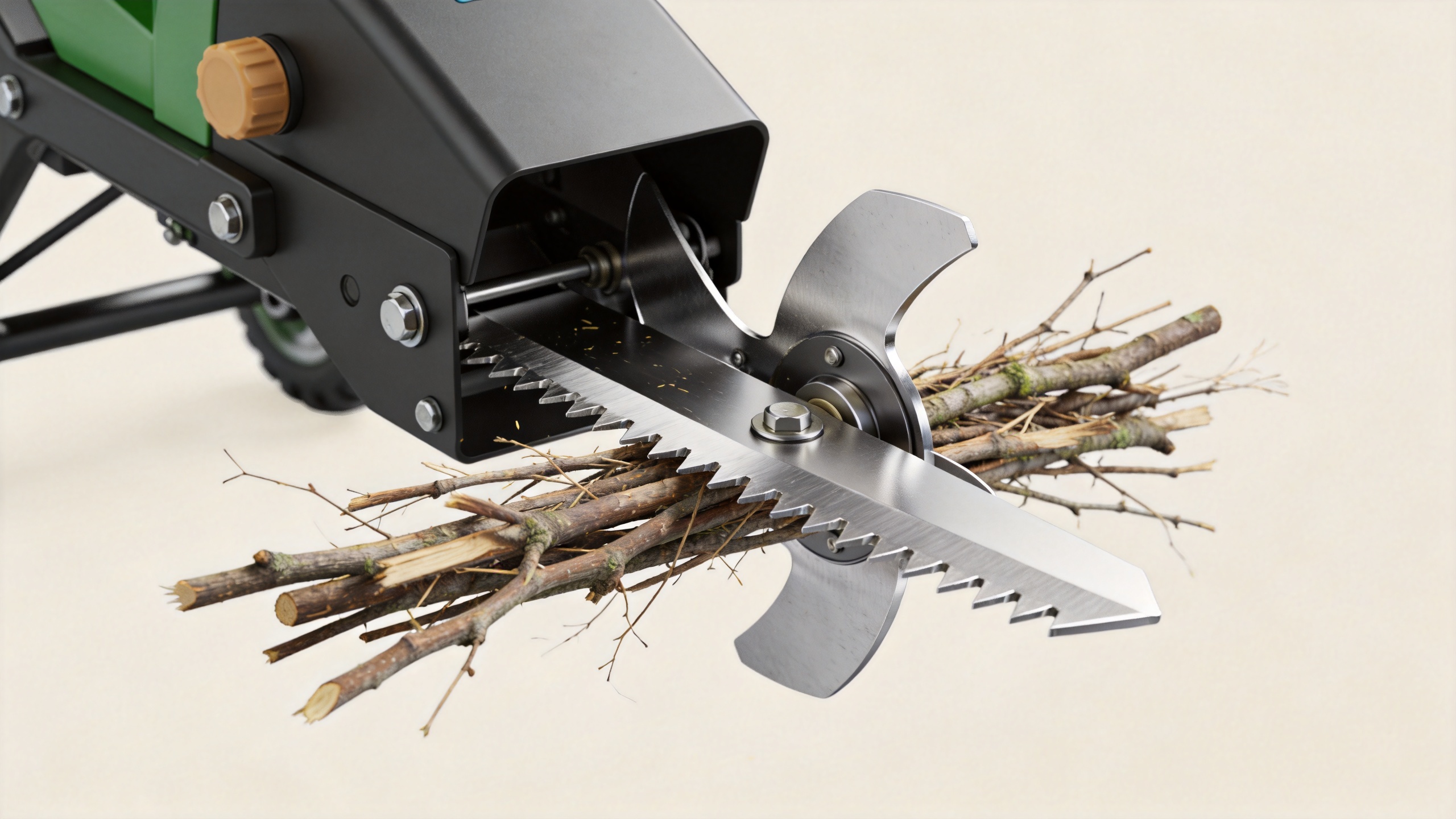 Garden shredder cutting blades processing dry woody branches