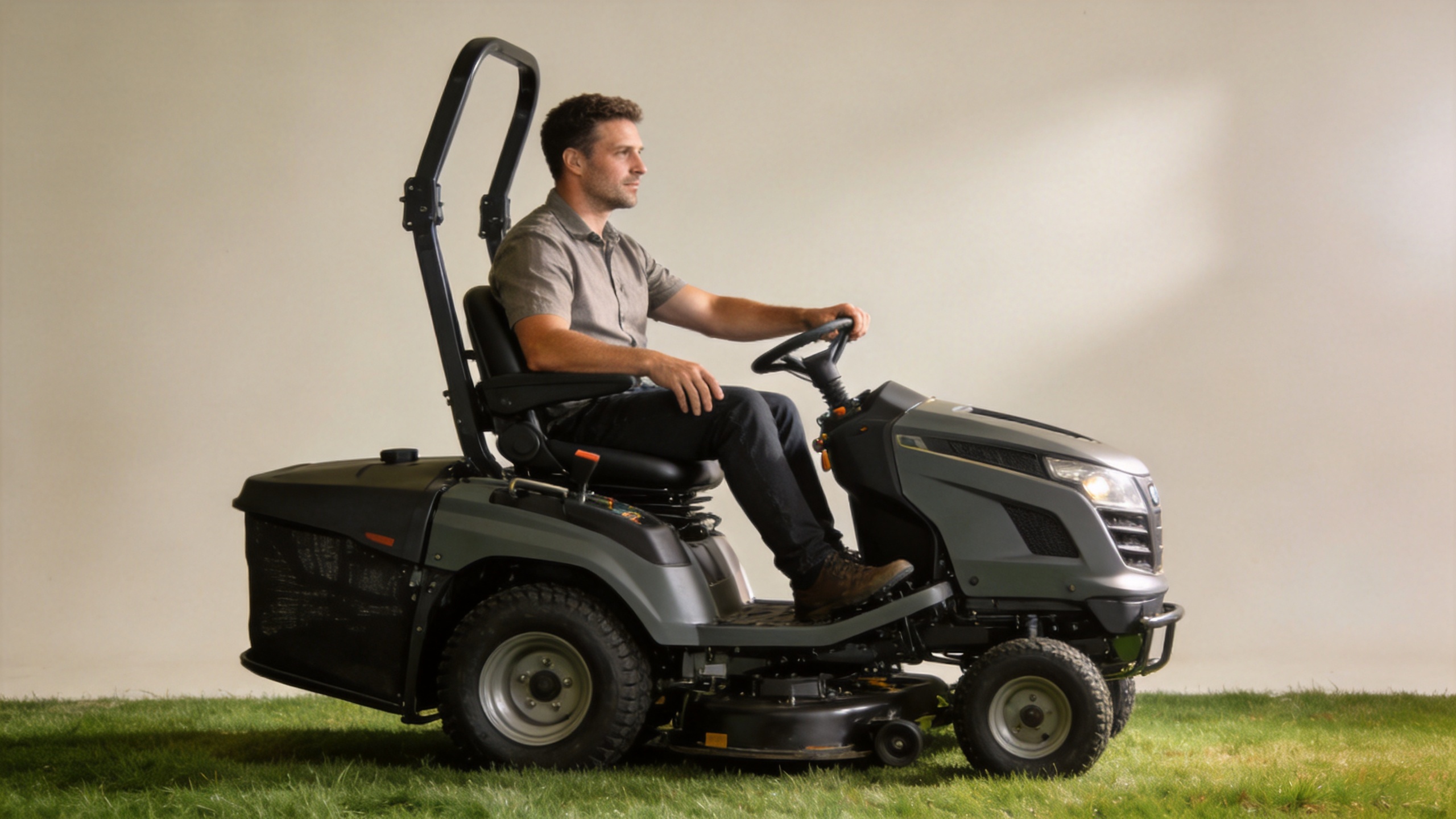 Ride on mower operator seated with relaxed posture and accessible controls