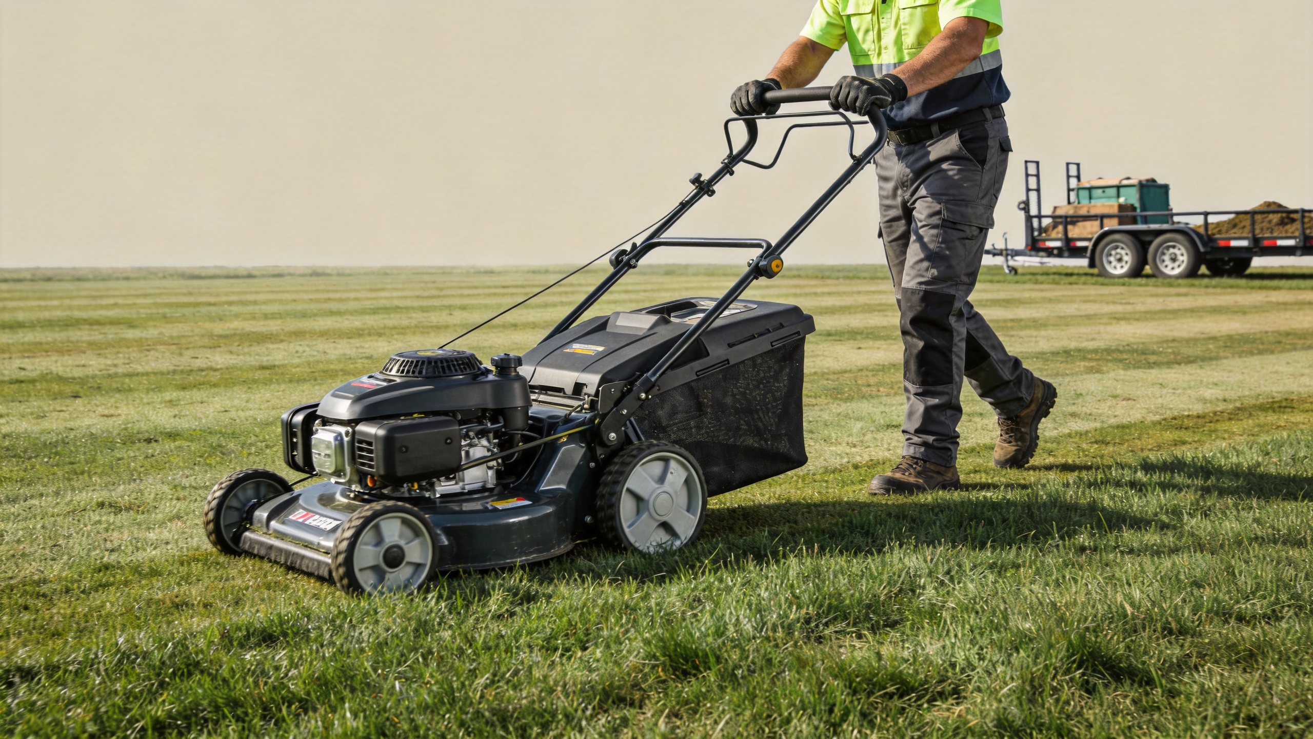 Professional crew using a petrol lawn mower on a commercial grass site