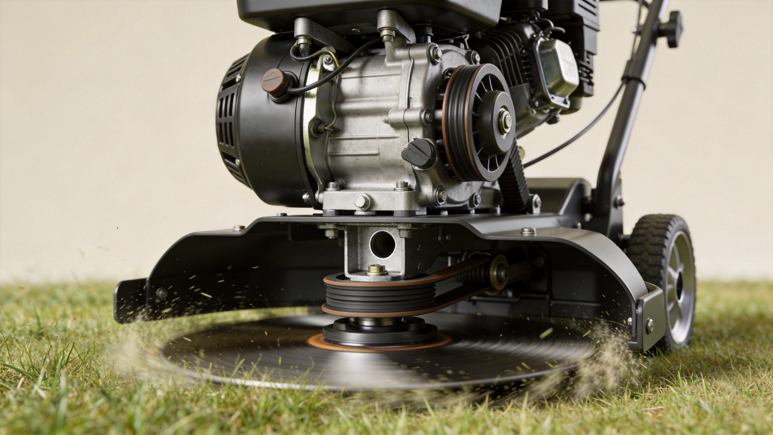 Gasoline lawn mower engine and blade deck working over grass