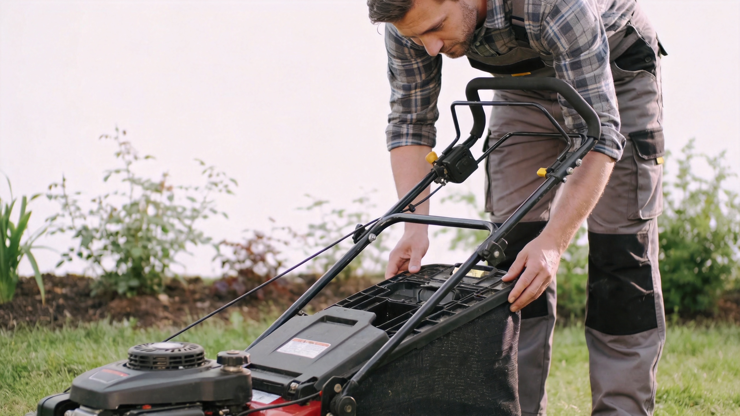 Garden owner safely inspecting a lawn mower deck during routine maintenance