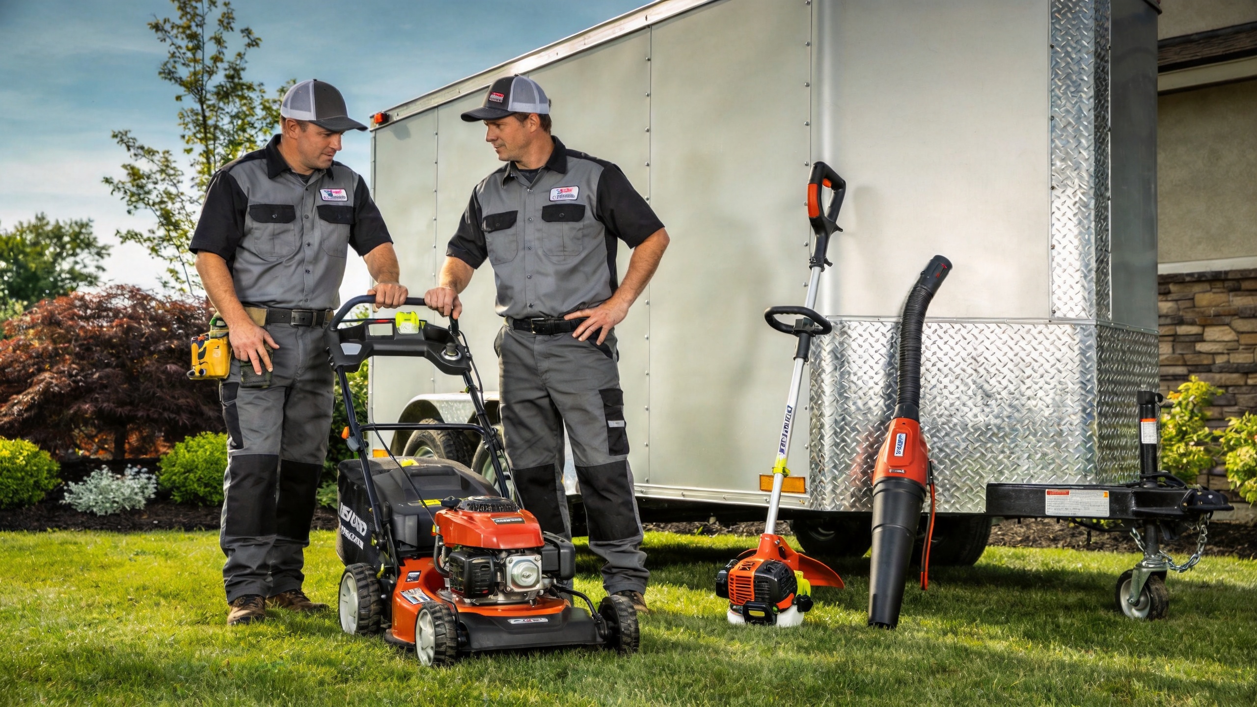 Commercial landscaping crew reviewing landscaping equipment before a work route
