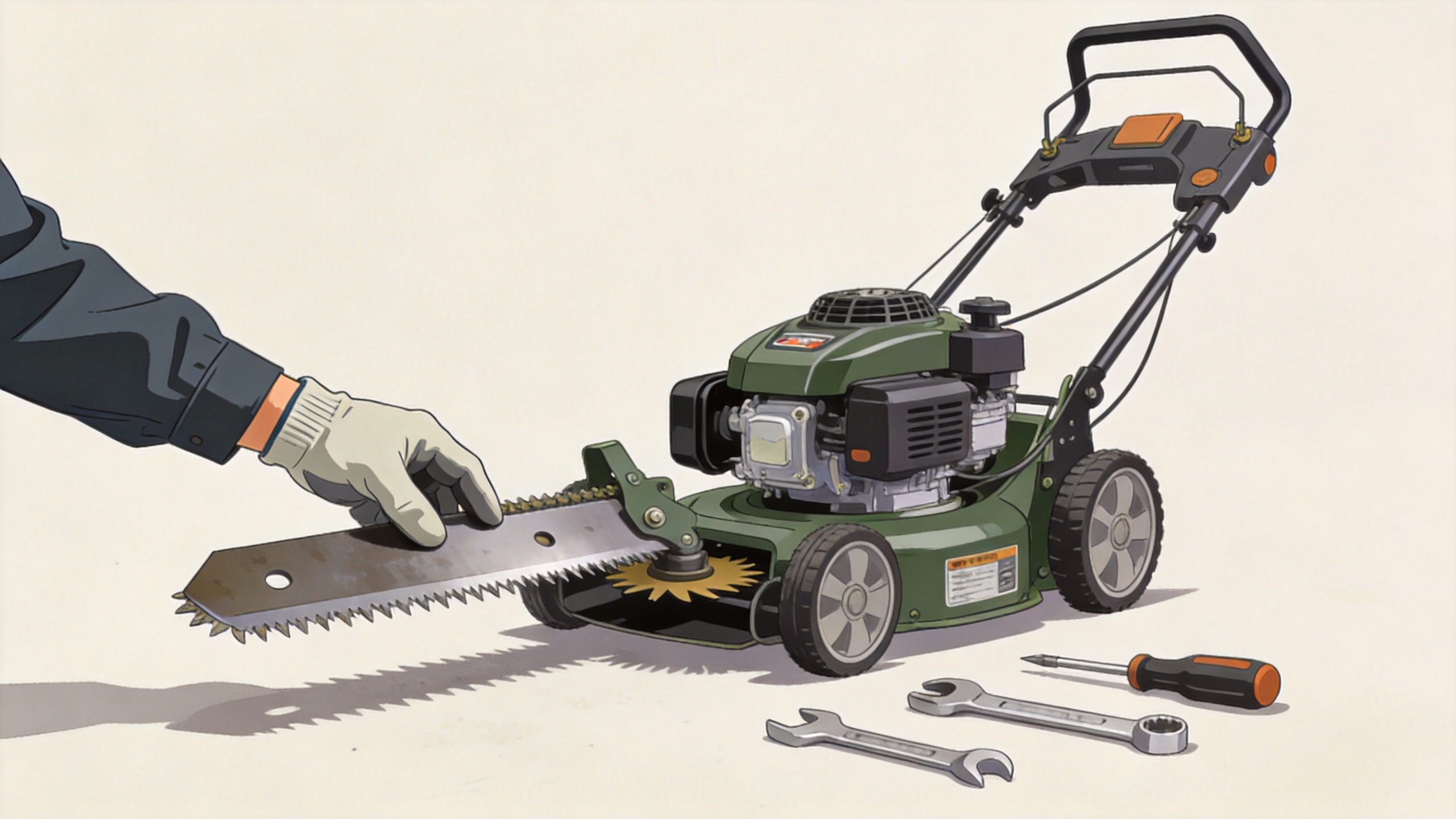 Technician performing petrol lawn mower blade maintenance