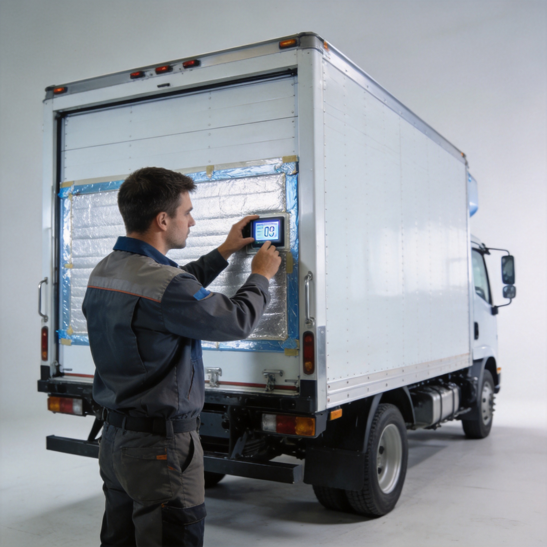 Pre-delivery inspection of a fridge truck checking insulation and temperature system