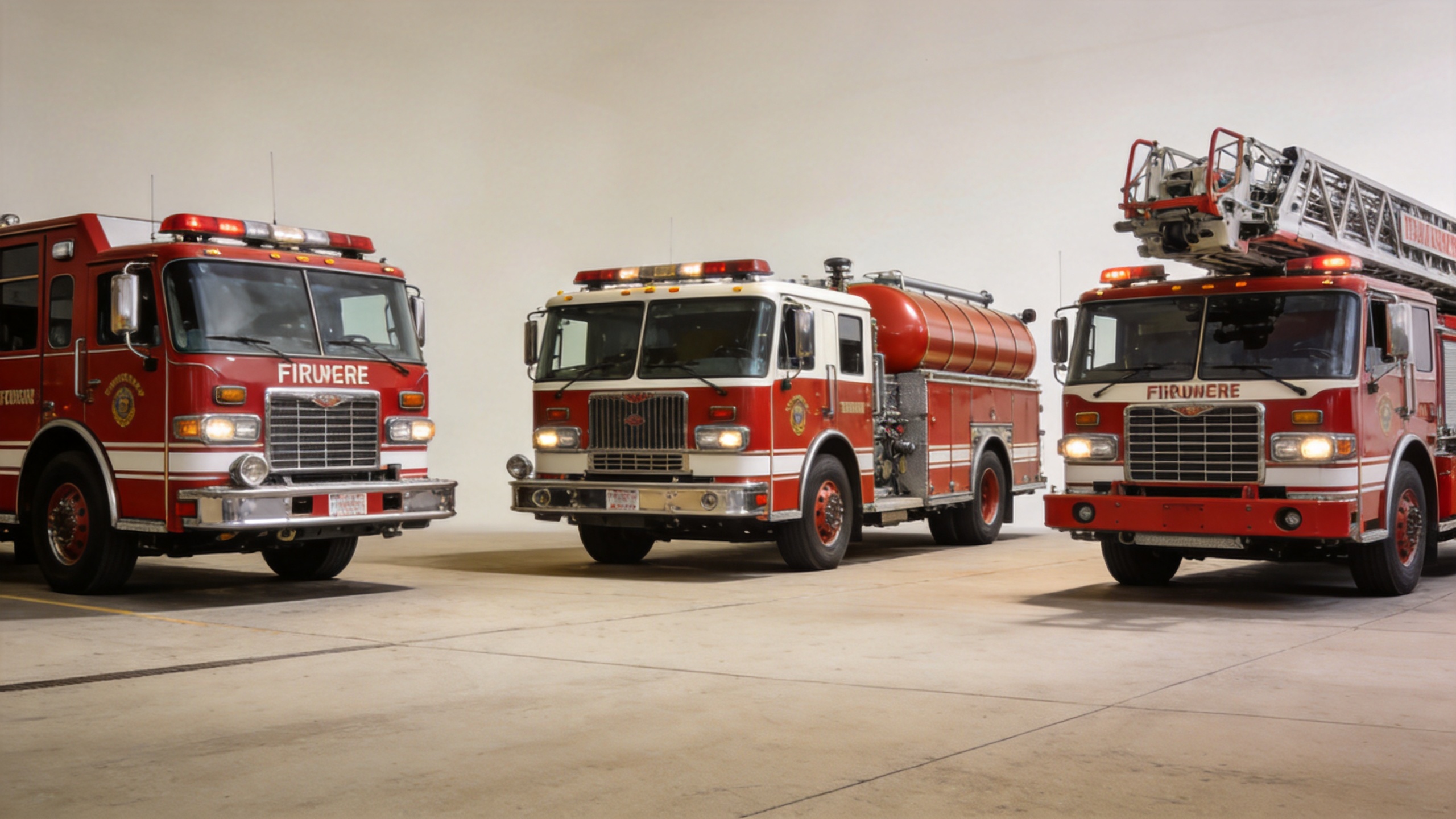 Fire engine truck types — pumper, tanker, and aerial ladder truck fleet for emergency response