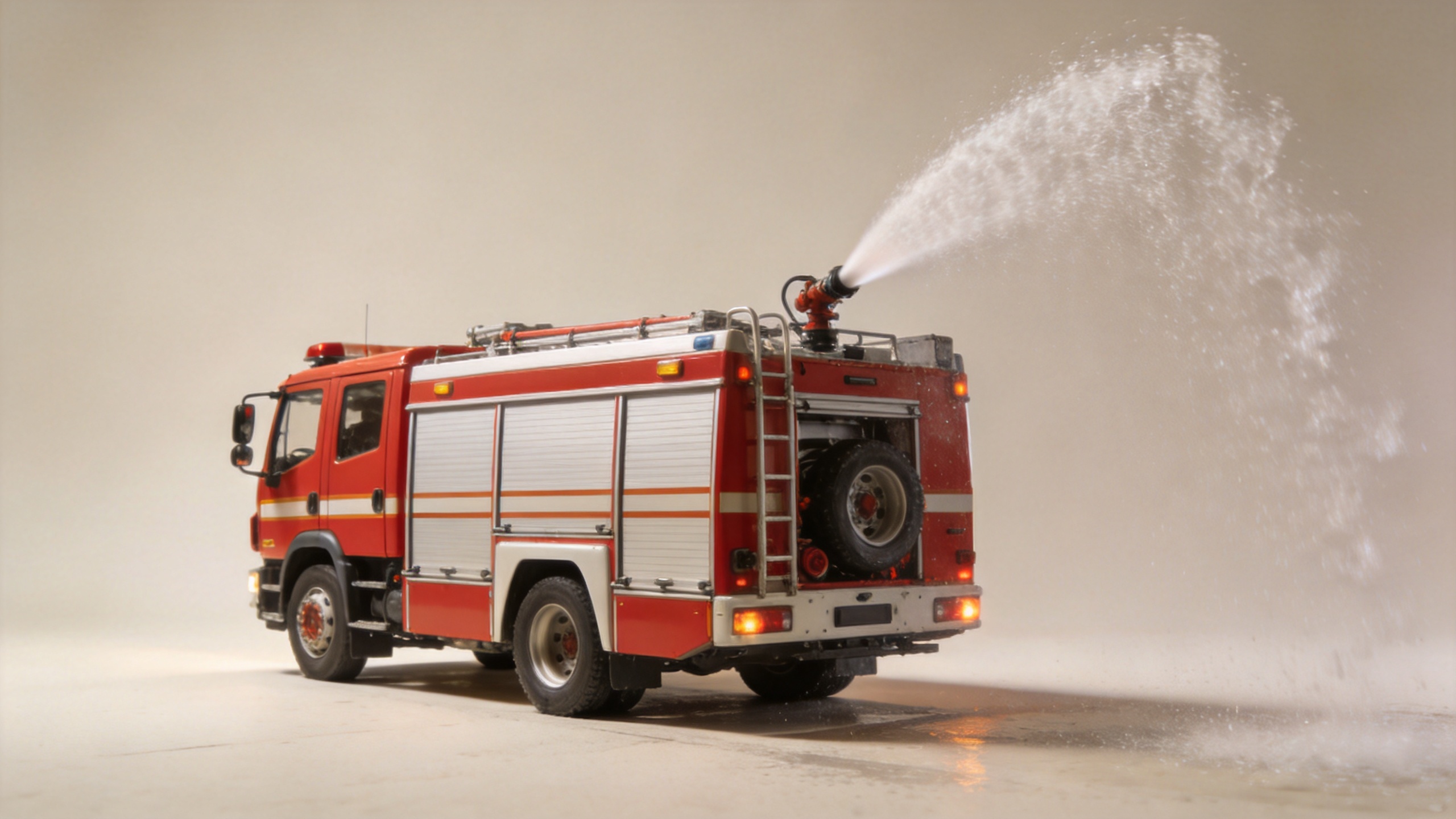 Emergency firefighting truck in urban deployment with water sprinkler system