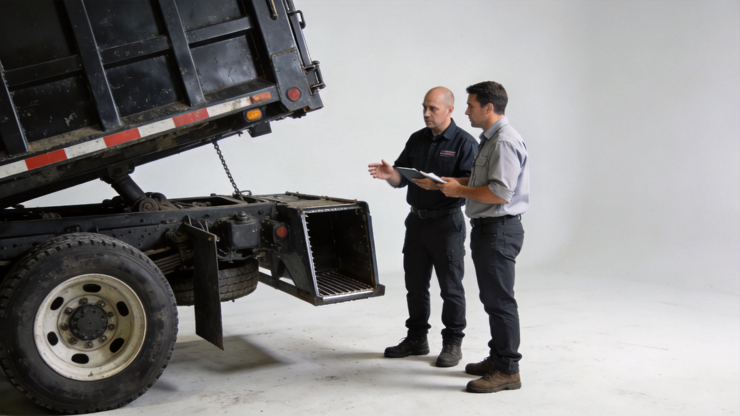 Commercial buyer inspecting a junk removal truck for sale