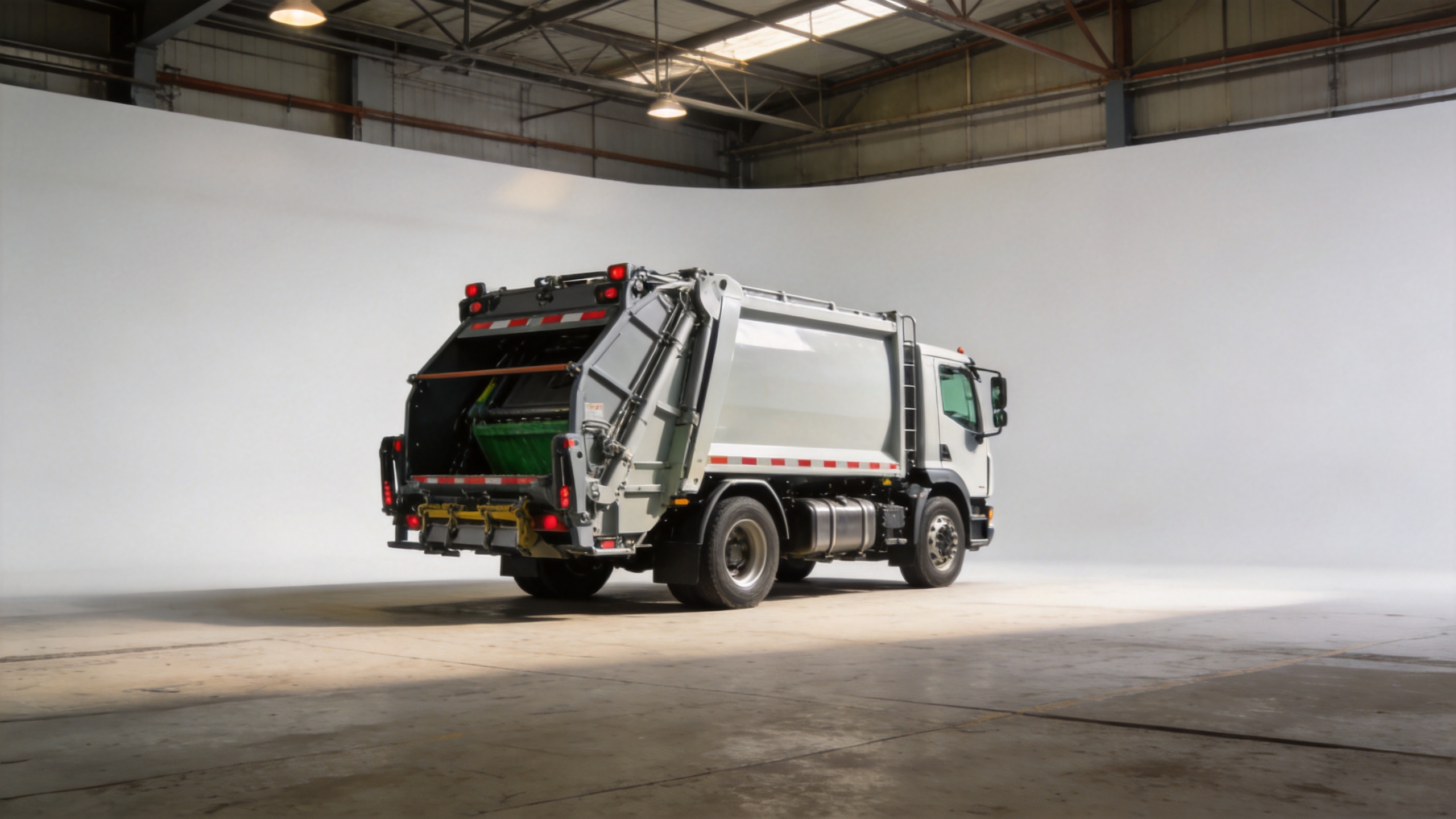 Rear-loading refuse collection truck for commercial trash truck evaluation