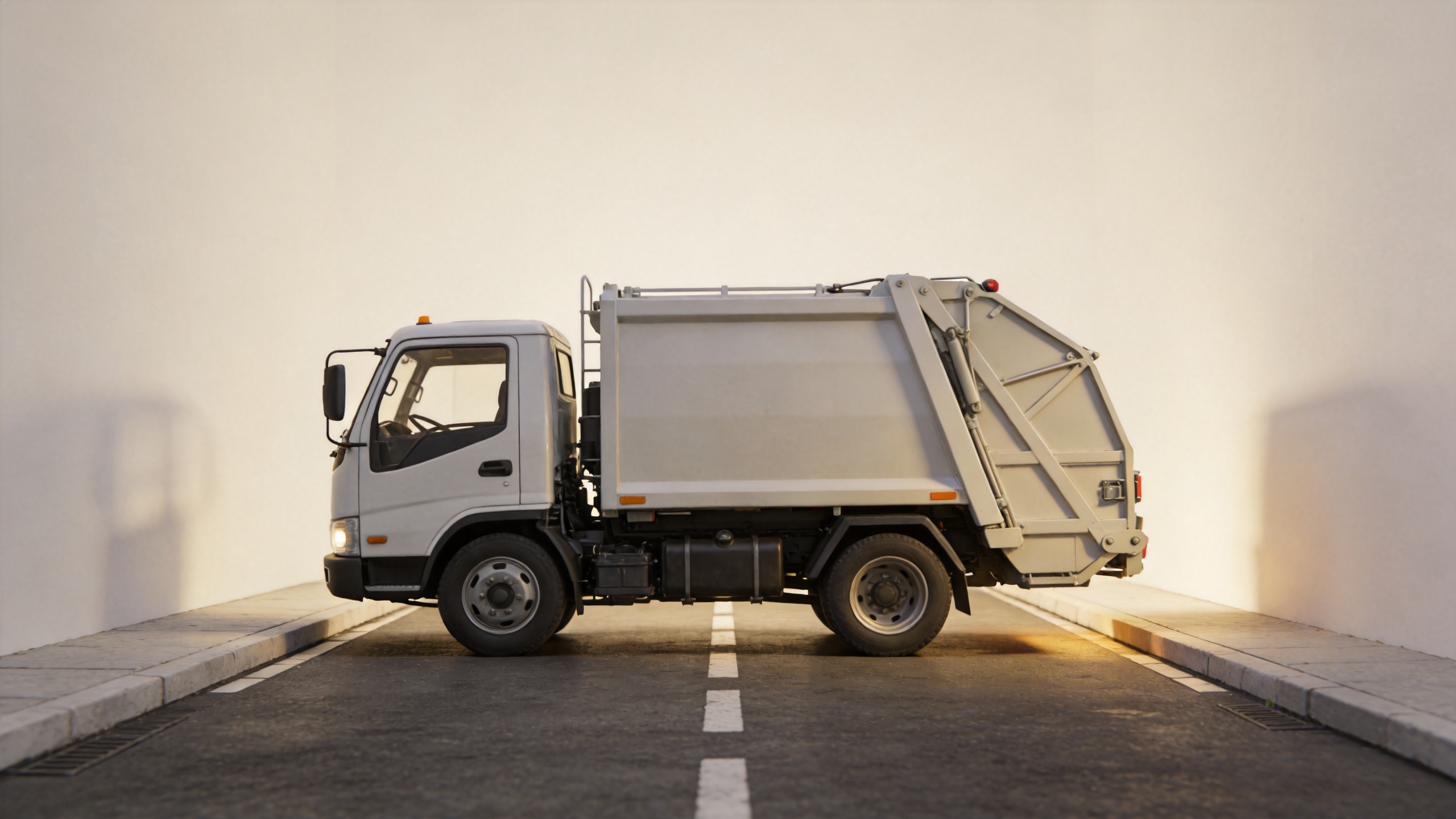 Compact garbage truck operating in a narrow commercial service lane