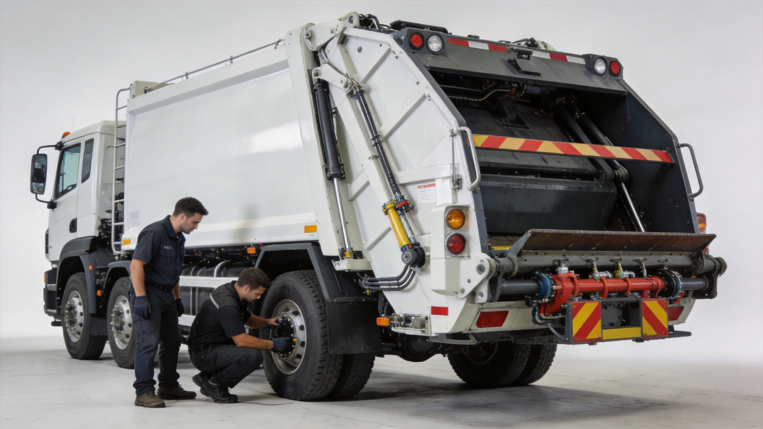 Commercial team inspecting a garbage dump truck for hydraulic and safety specifications