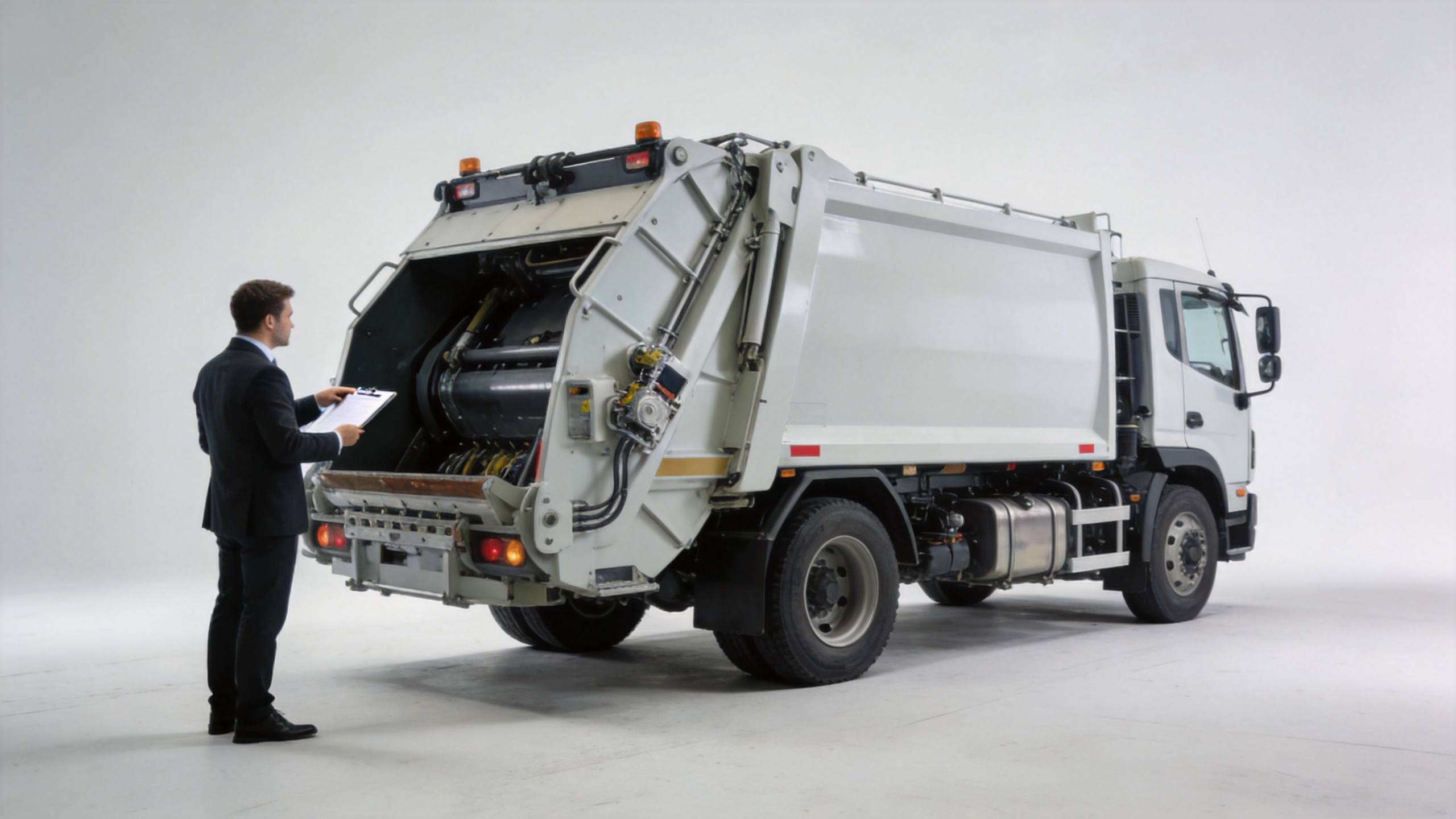 Commercial green trash truck inspection before purchase