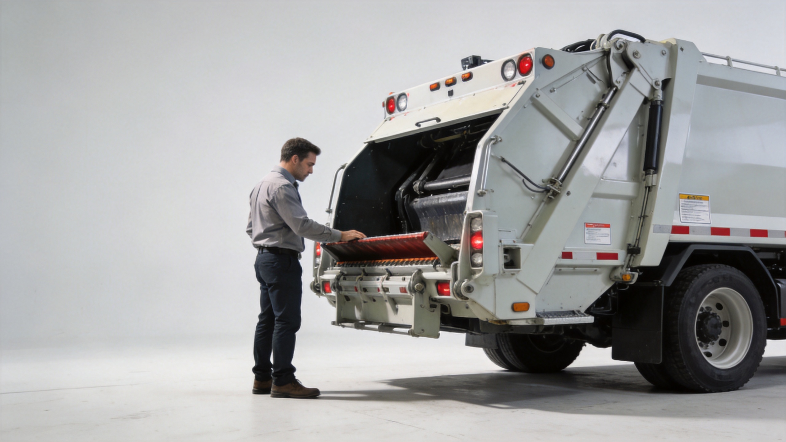 Commercial garbage container truck at a municipal waste depot