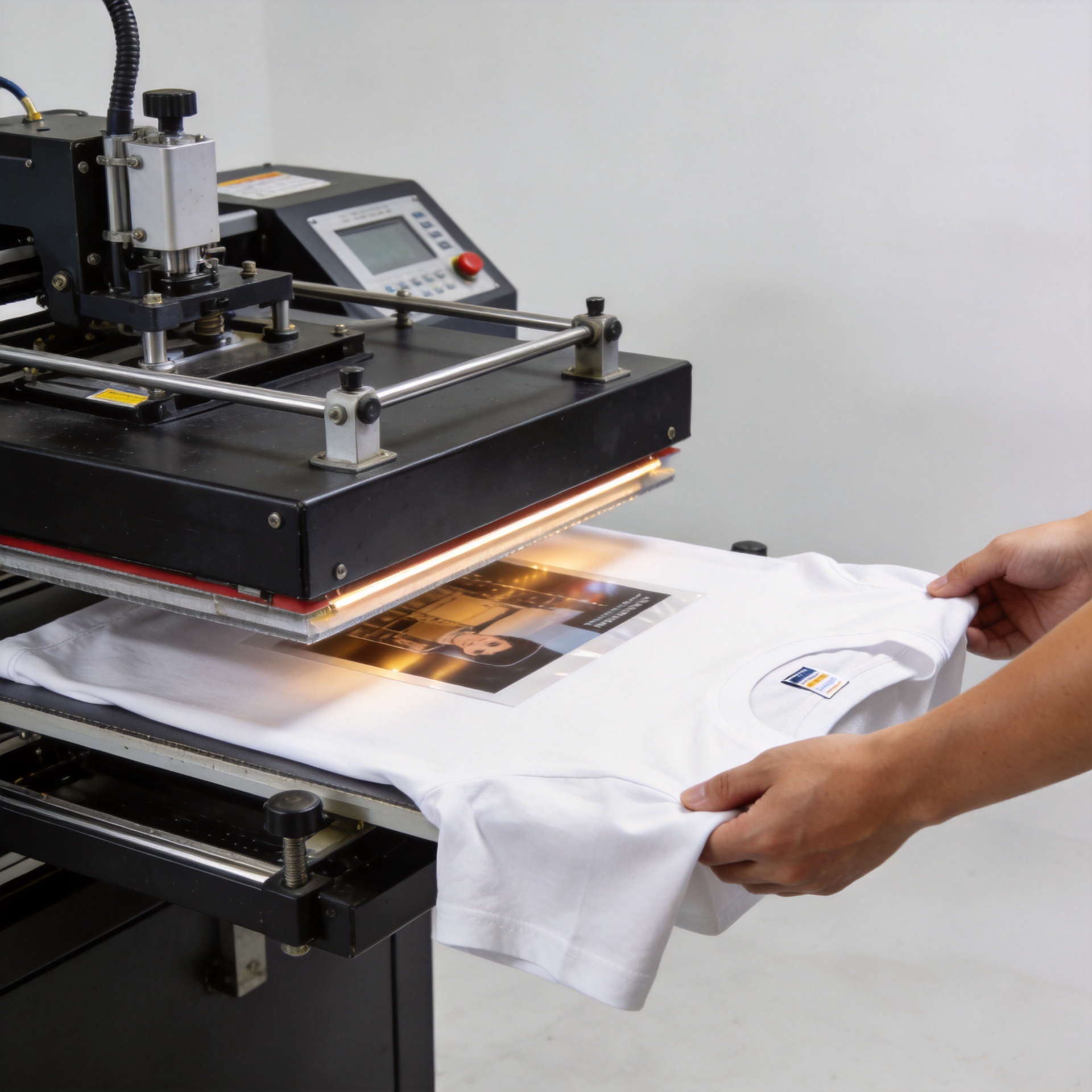 DTF t shirt printer in operation showing film transfer process