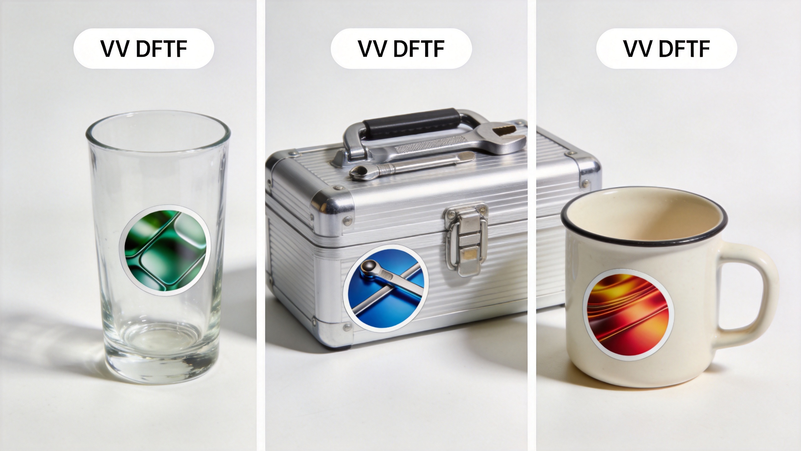 UV DTF custom stickers applied to glass, metal, and ceramic hard surfaces