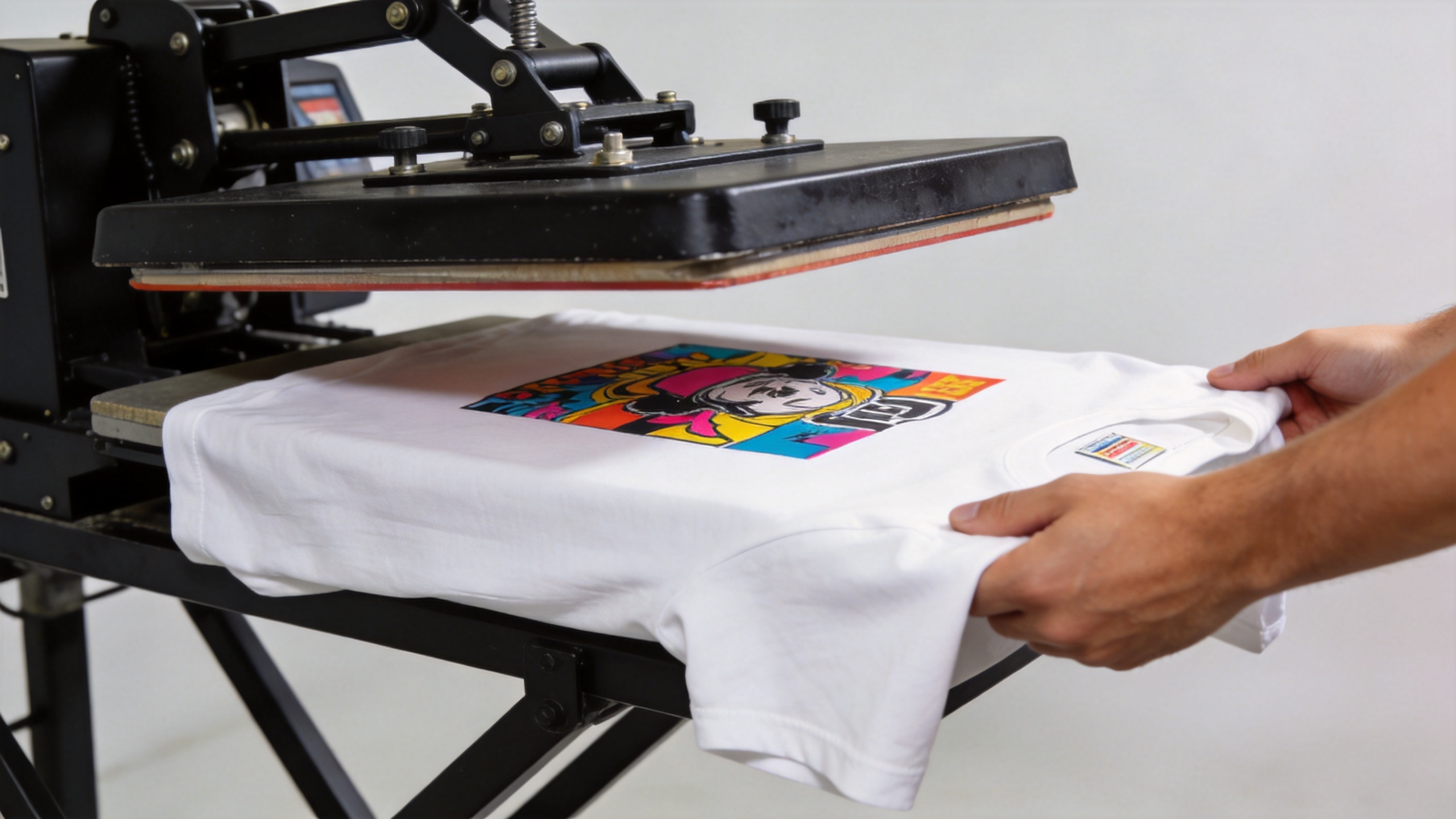 DTF heat press transfer workflow applying custom design to t-shirt in a small business print studio