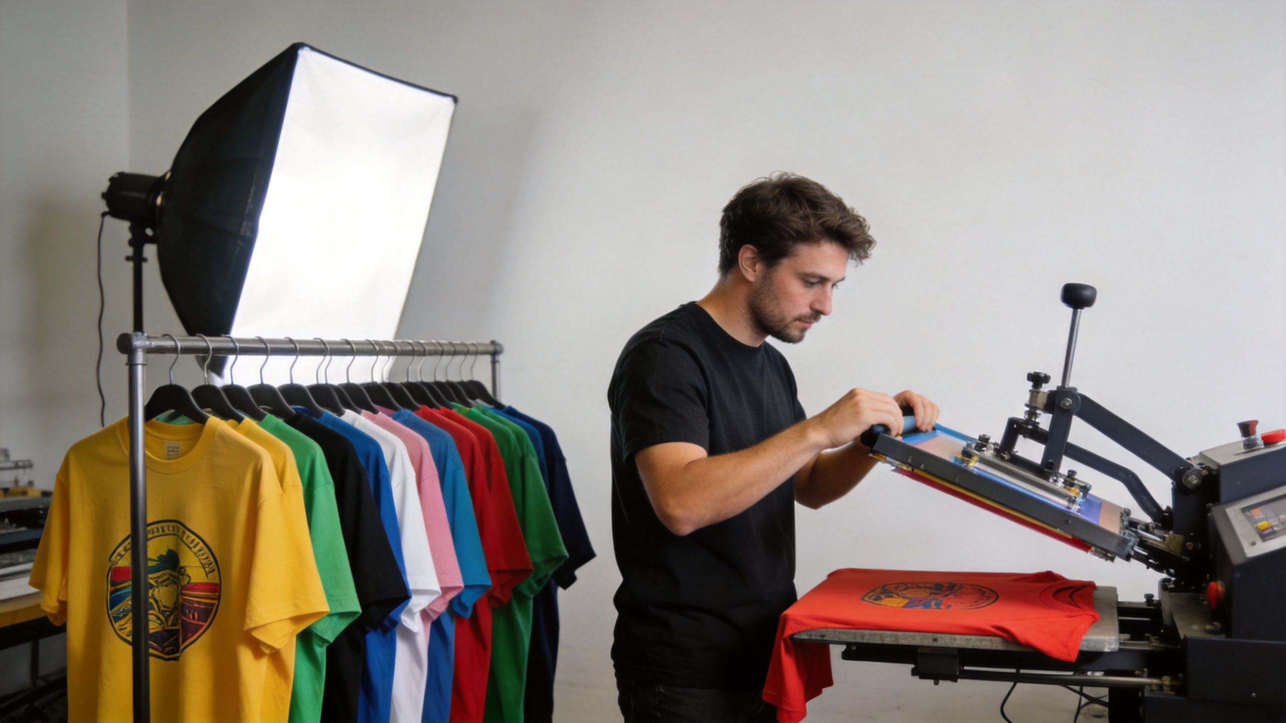 Custom apparel small business setting up a t-shirt printing machine for small business use