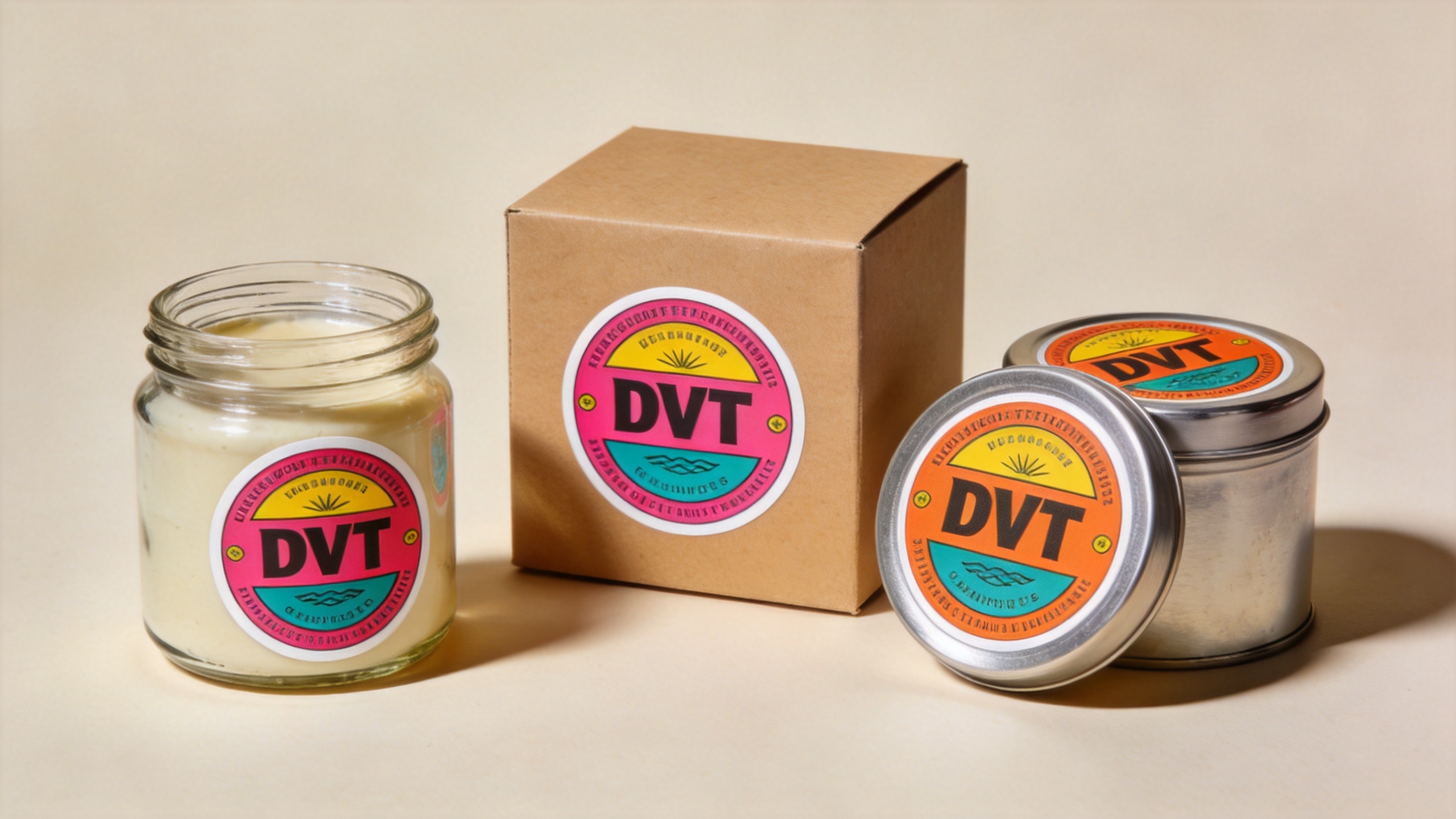 UV DTF custom stickers on product packaging including glass jars and branded tins