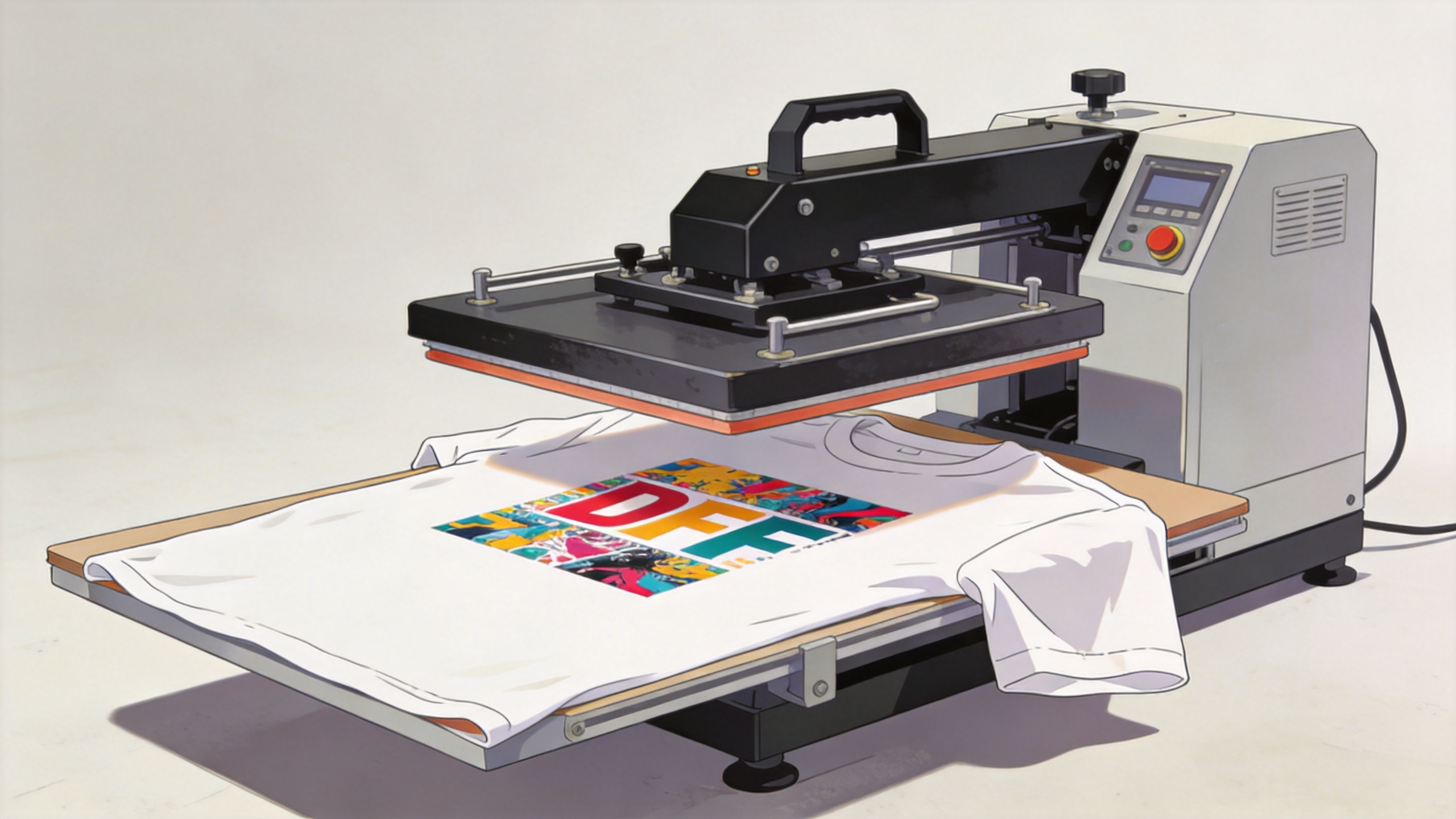 Professional heat press for DTF transfers in a print shop