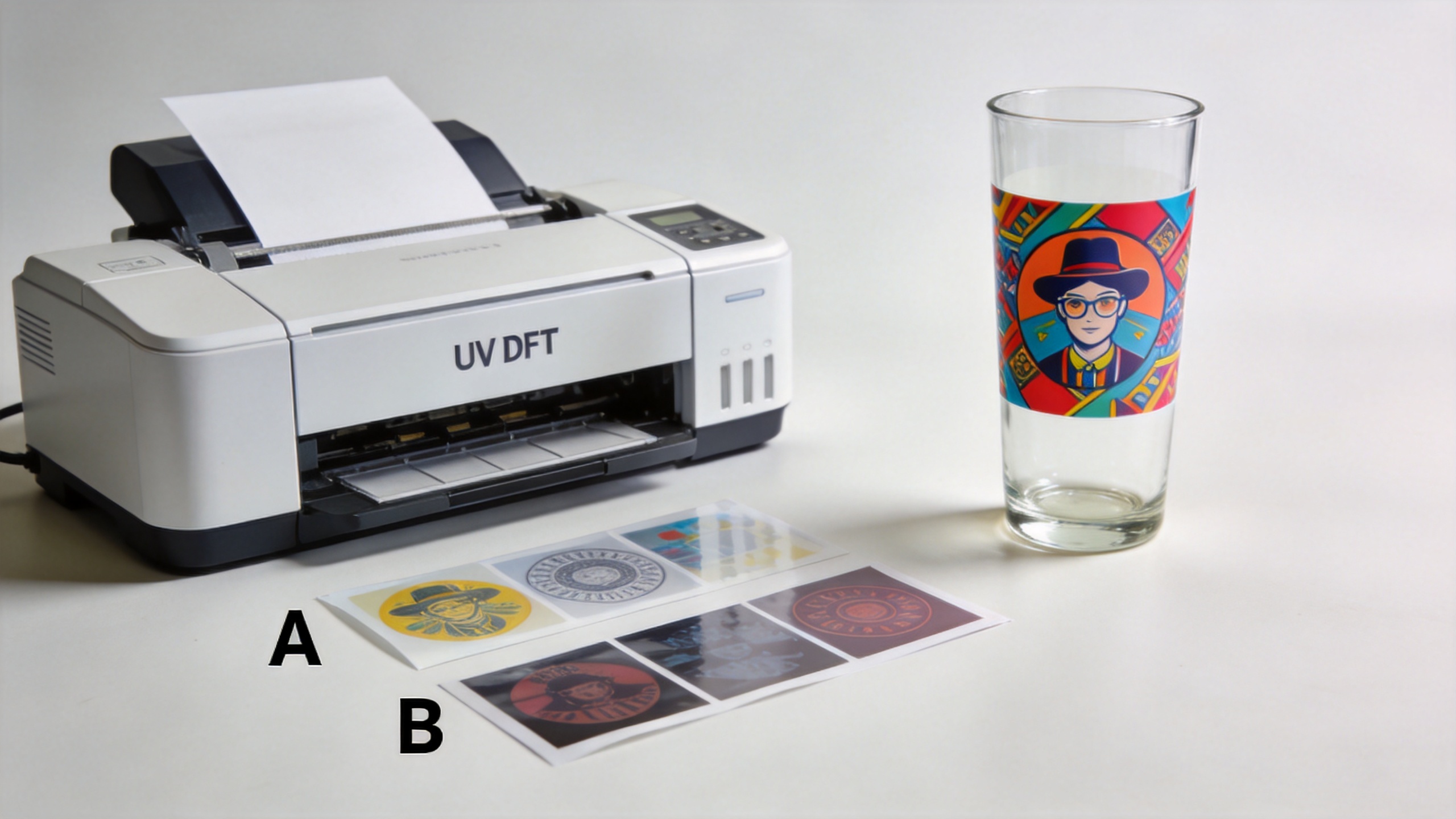 UV DTF printer, transfer films, and a finished hard-surface sticker