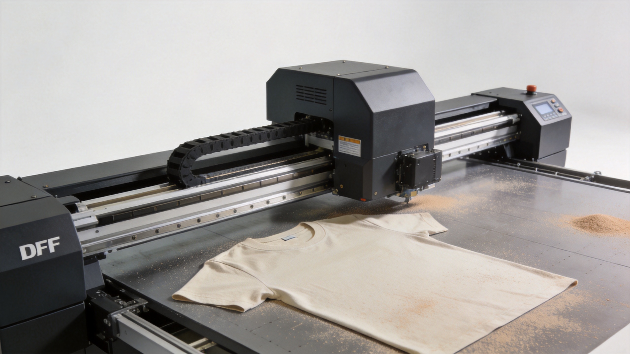 DTF printing machine workflow with powder application and curing equipment
