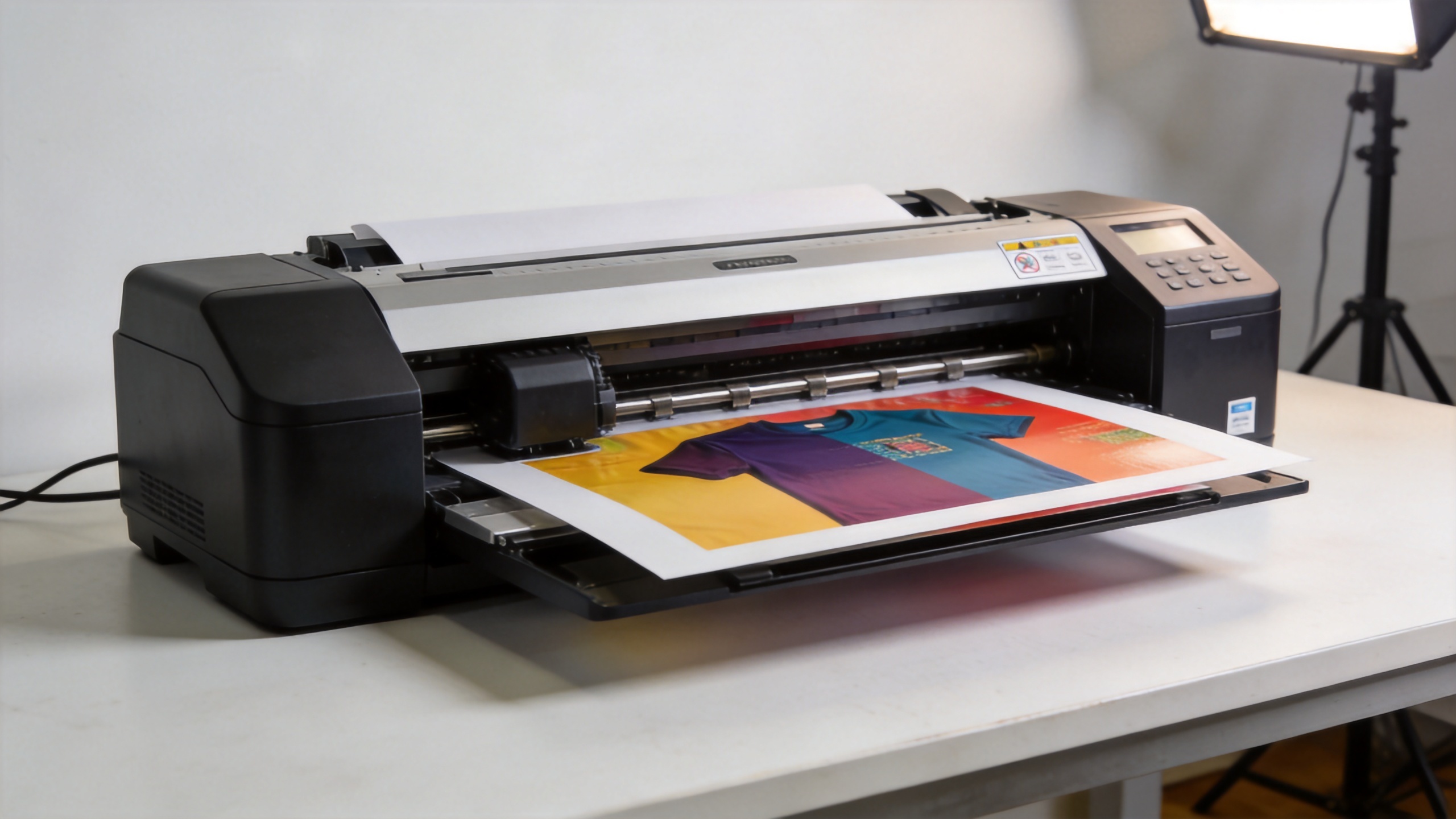 DTF printer for small business producing a colorful transfer sheet