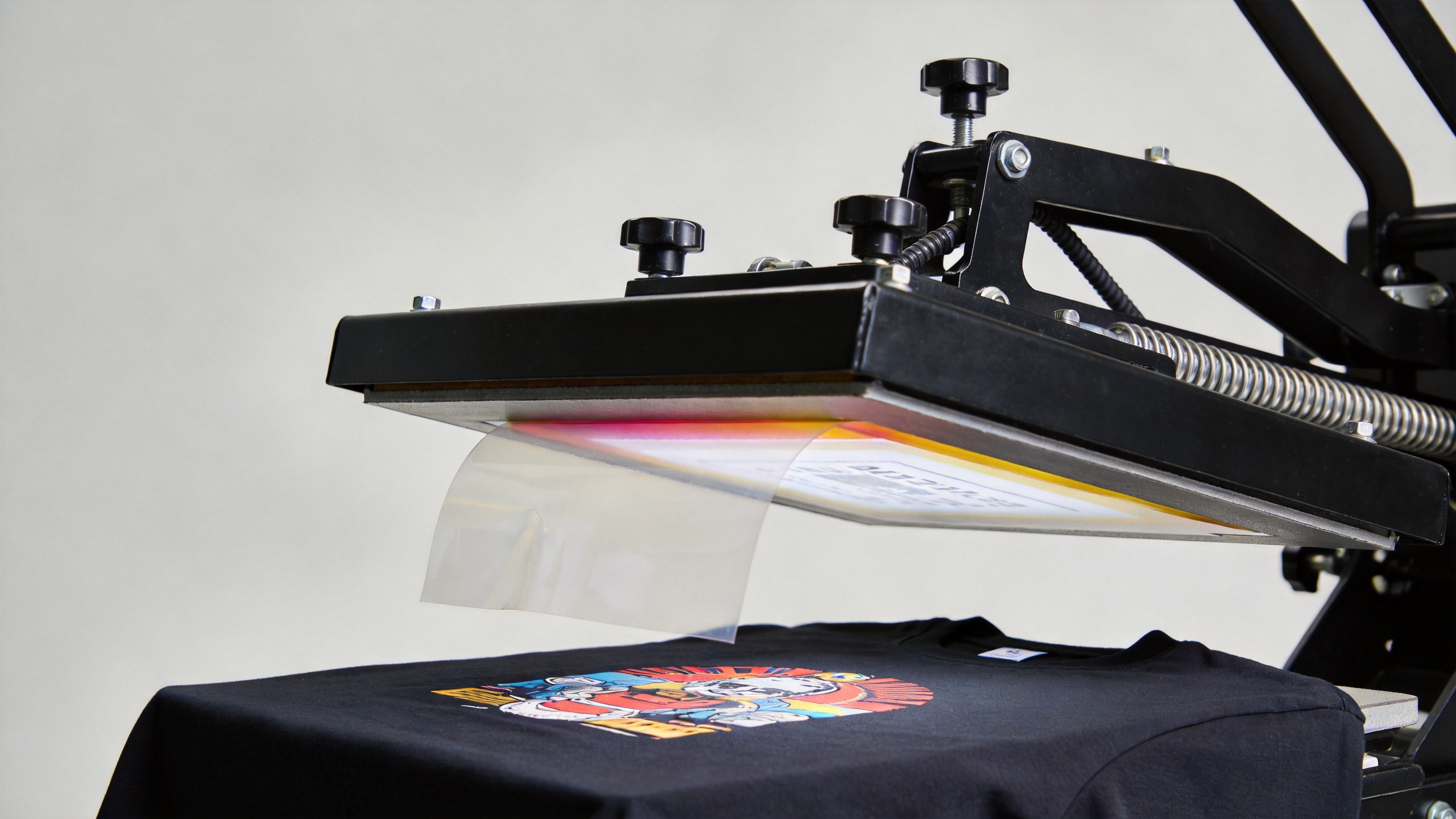 DTF printing process using PET film, adhesive powder, and a heat press