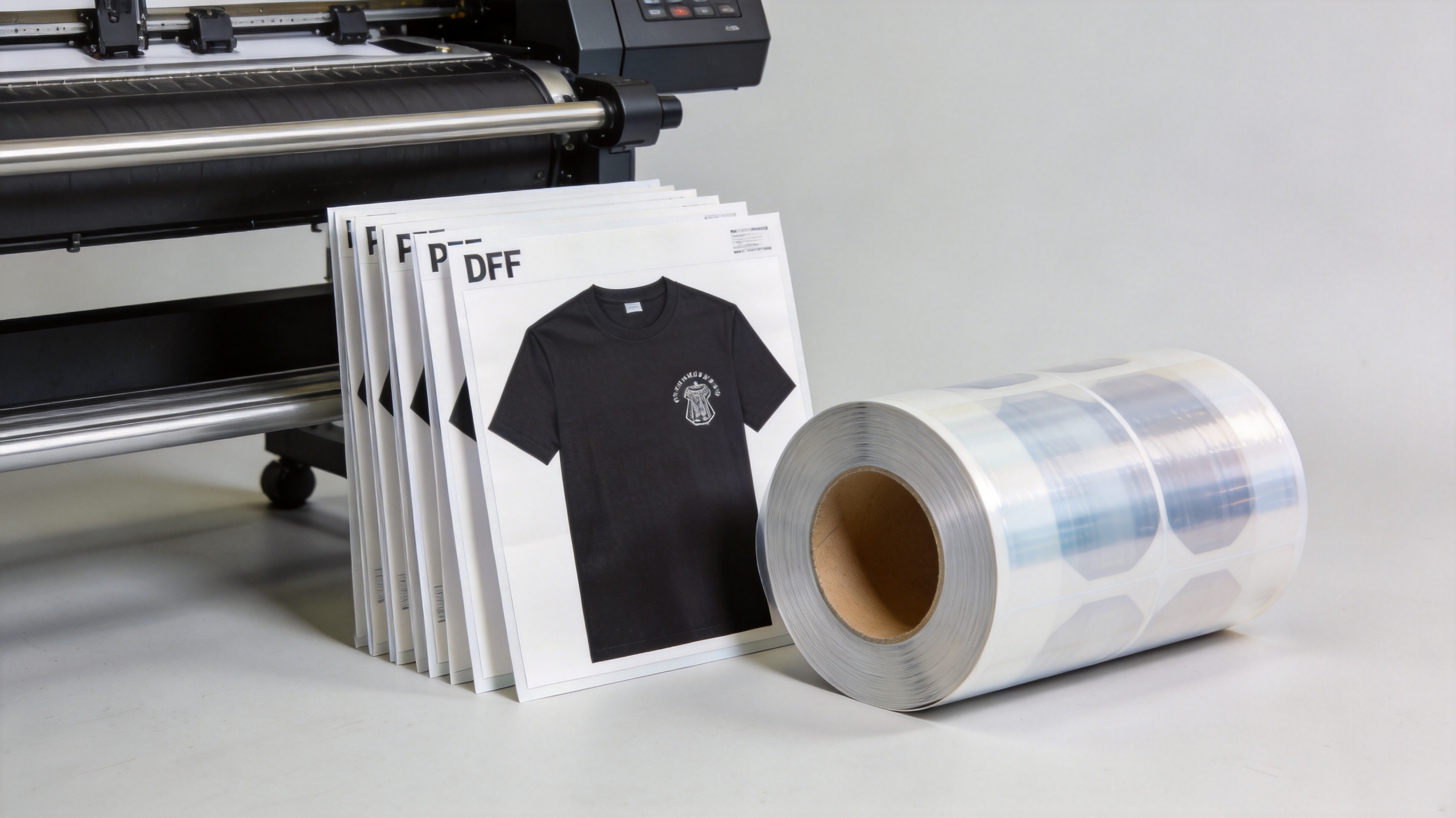DTF transfer sheets and DTF film rolls in a garment-decoration workflow