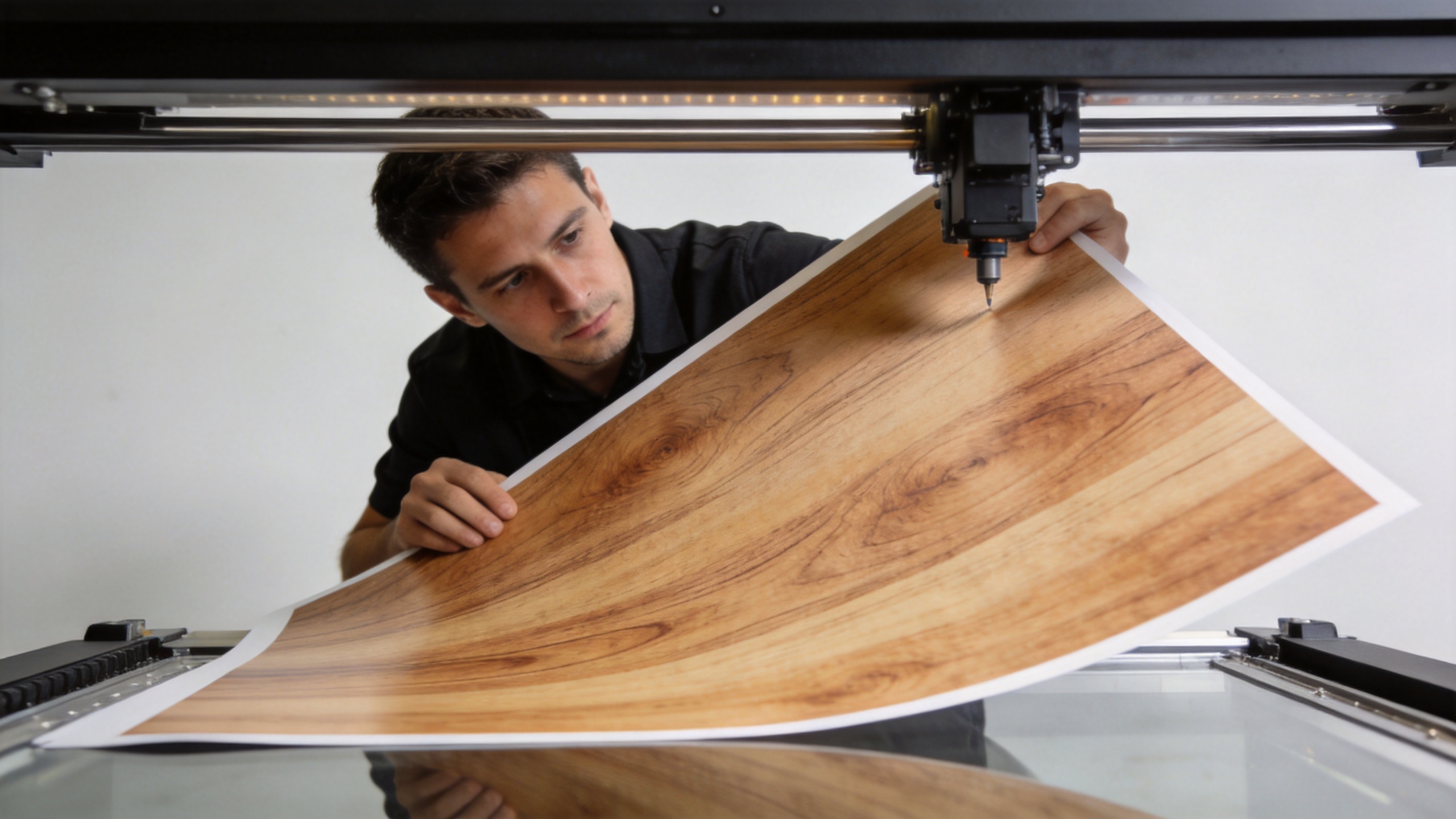 Small print shop operator checking a UV wood printer sample on a wood panel