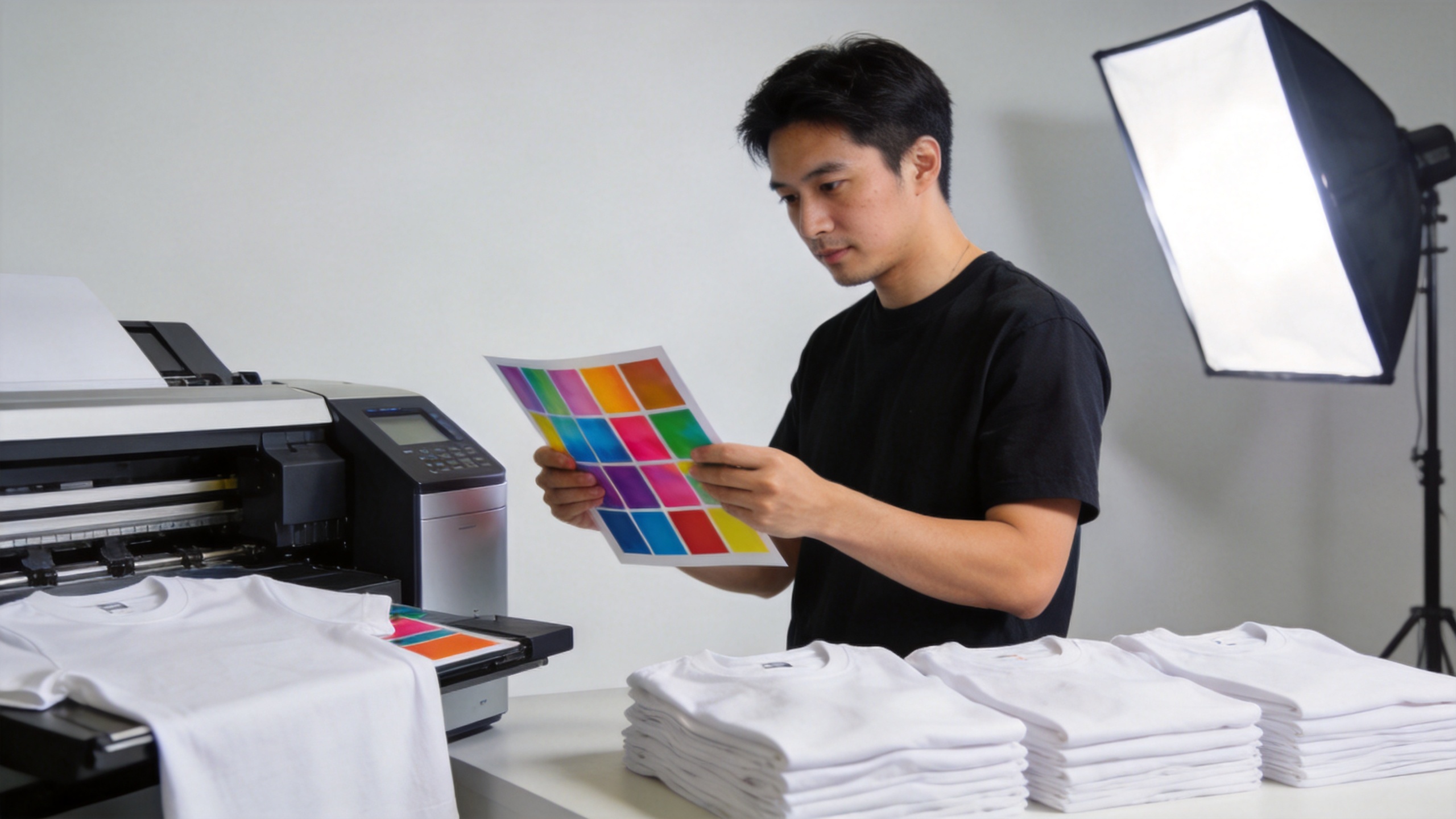 Tee shirt printing workflow with DTF transfer samples