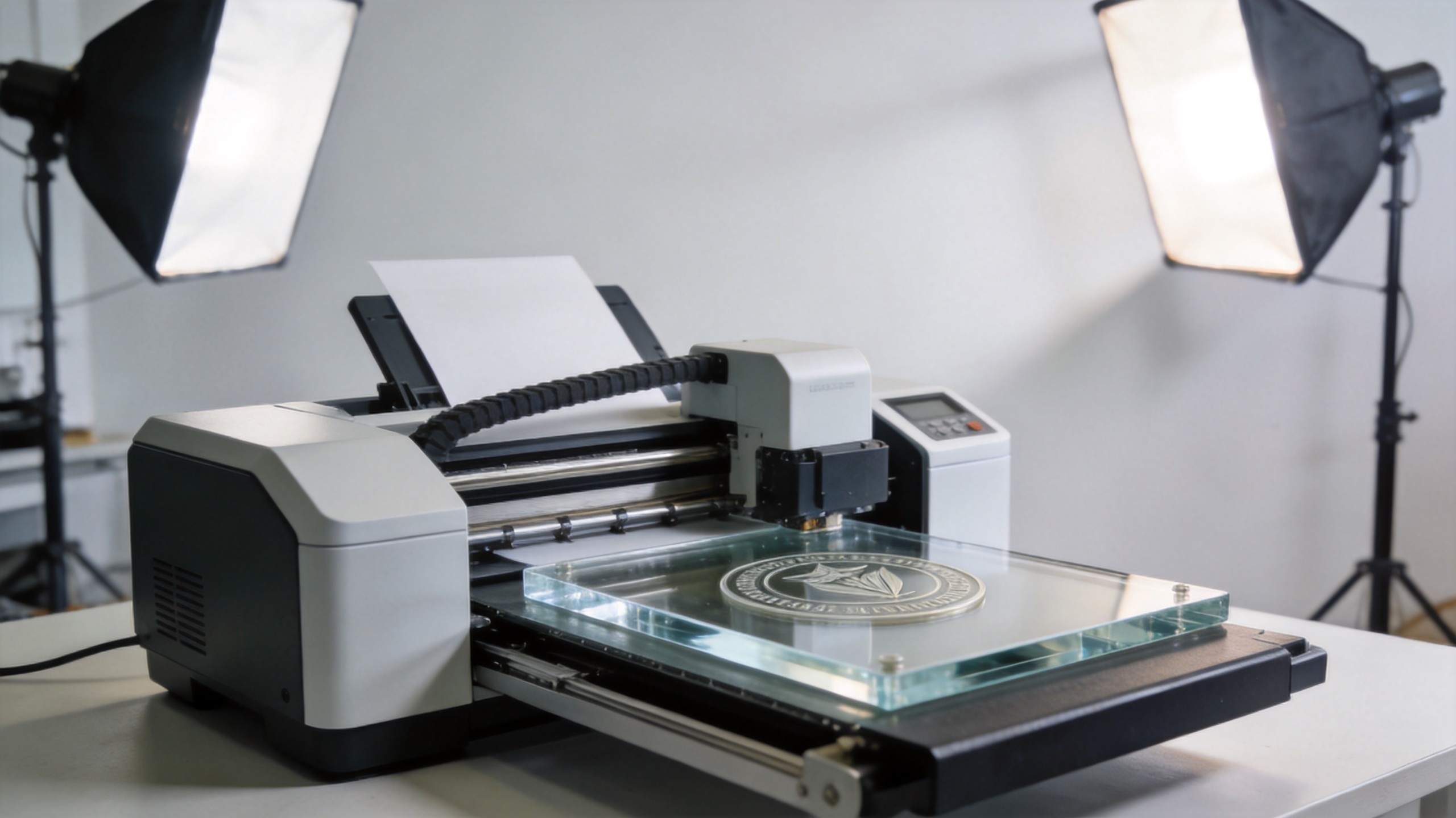 Desktop UV printer producing a custom acrylic plaque