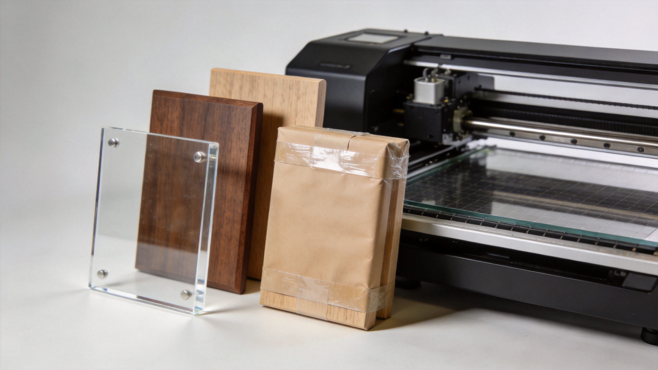 UV flat bed printer material samples for acrylic and wood projects