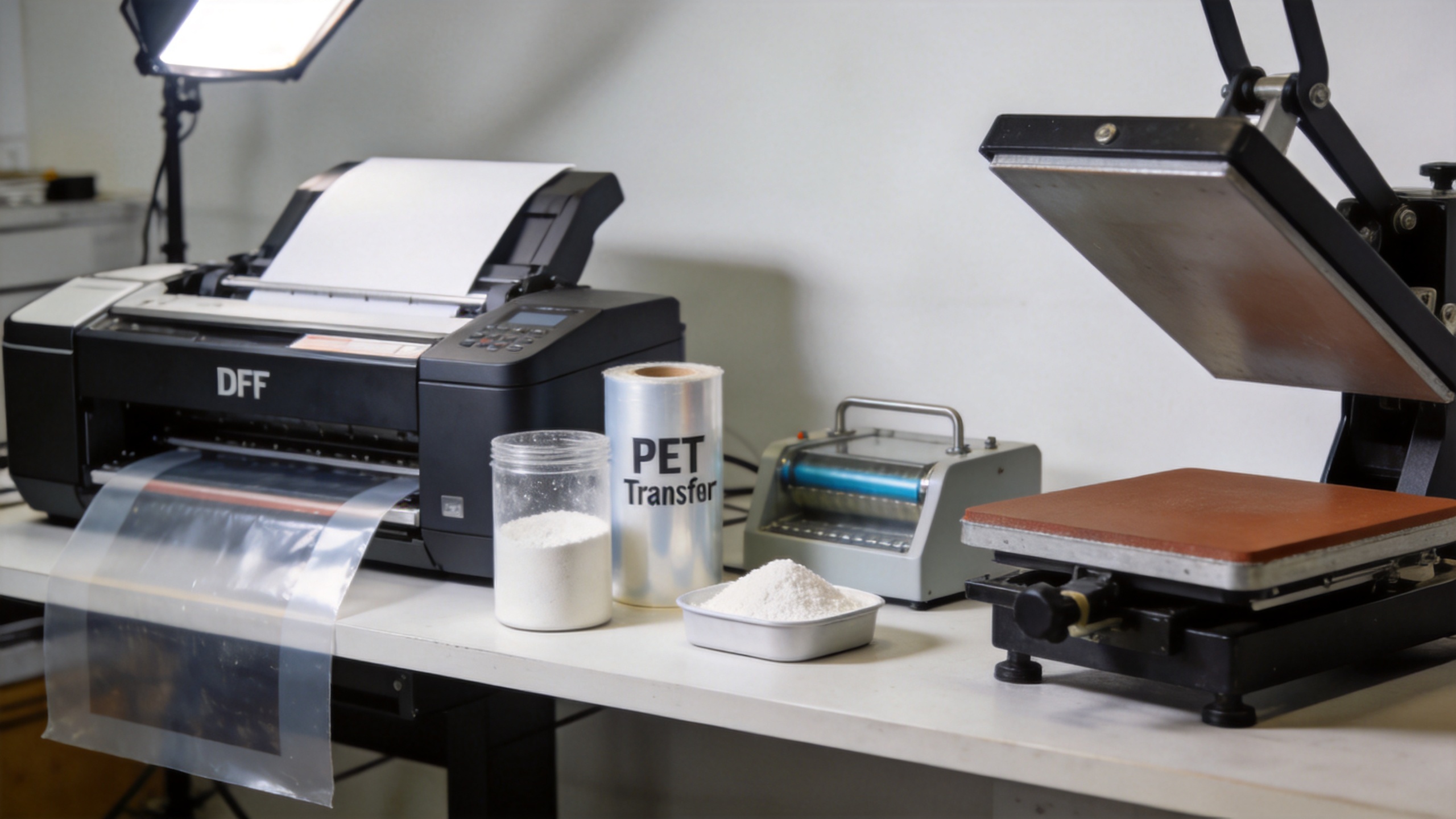 DTF printing workflow with transfer film, powder curing, and heat press