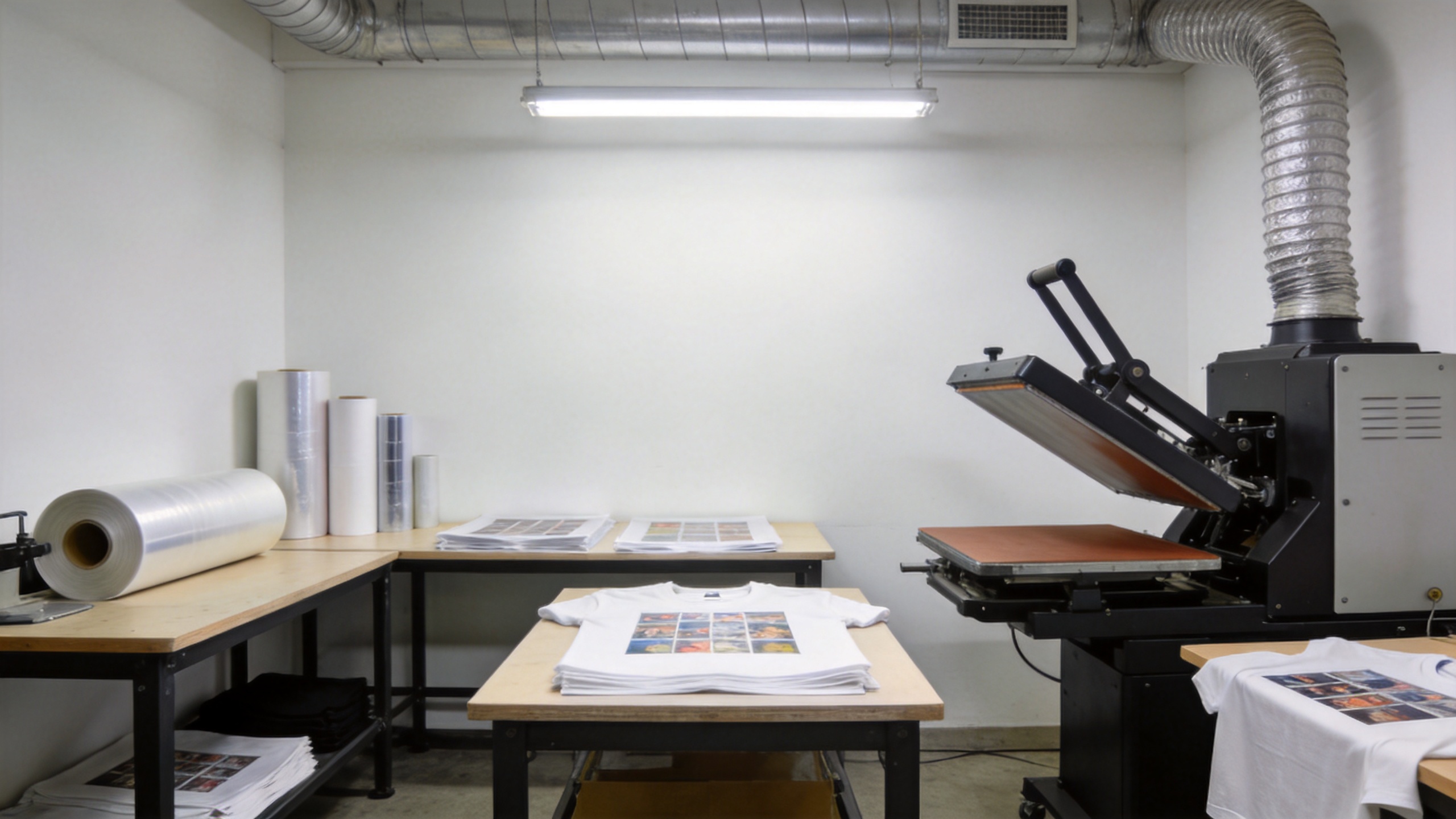 Organized DTF production workspace with a heat press, transfer film, and ventilation