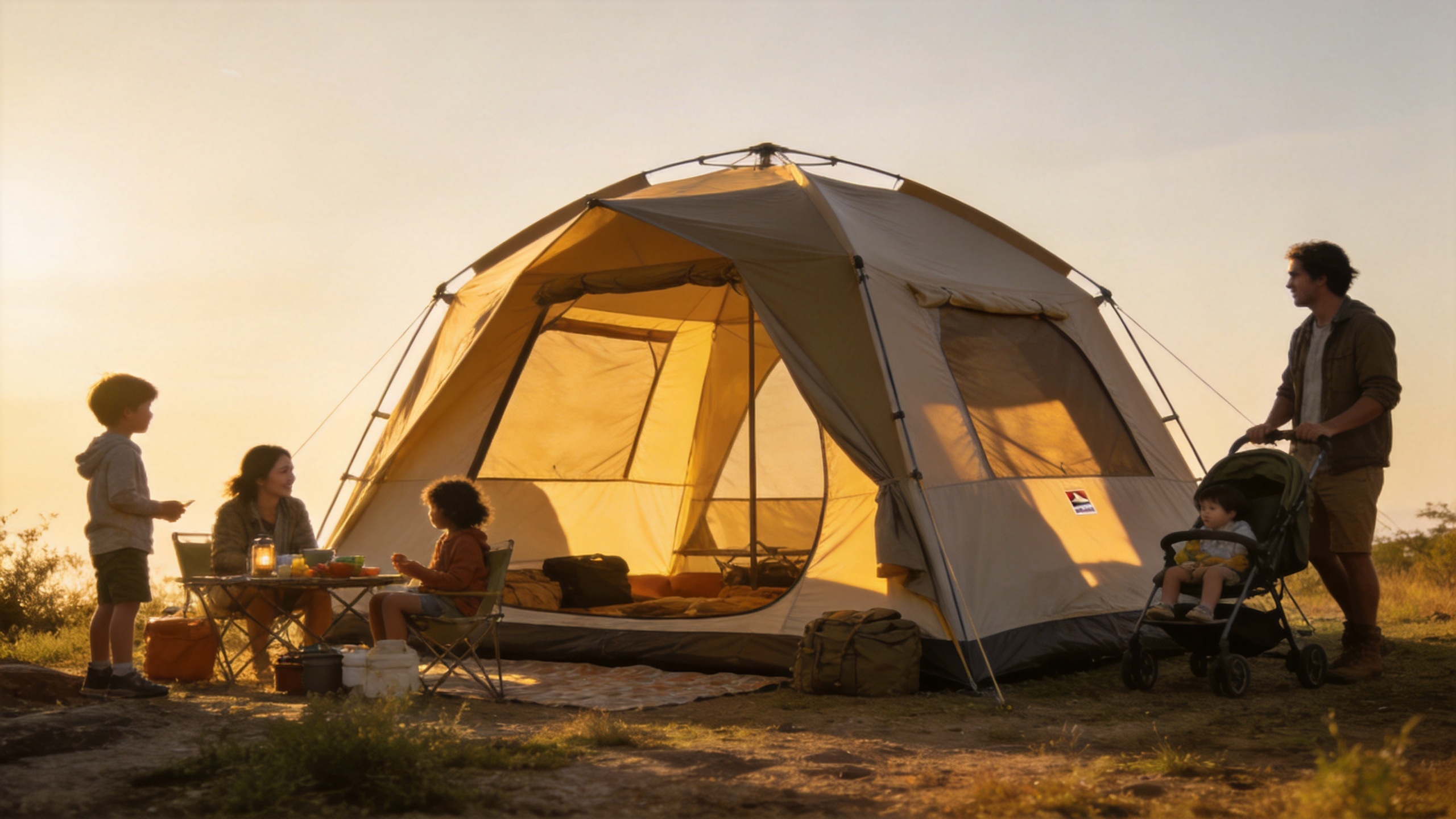 Family camping with a large outdoor tent set up in nature at golden hour